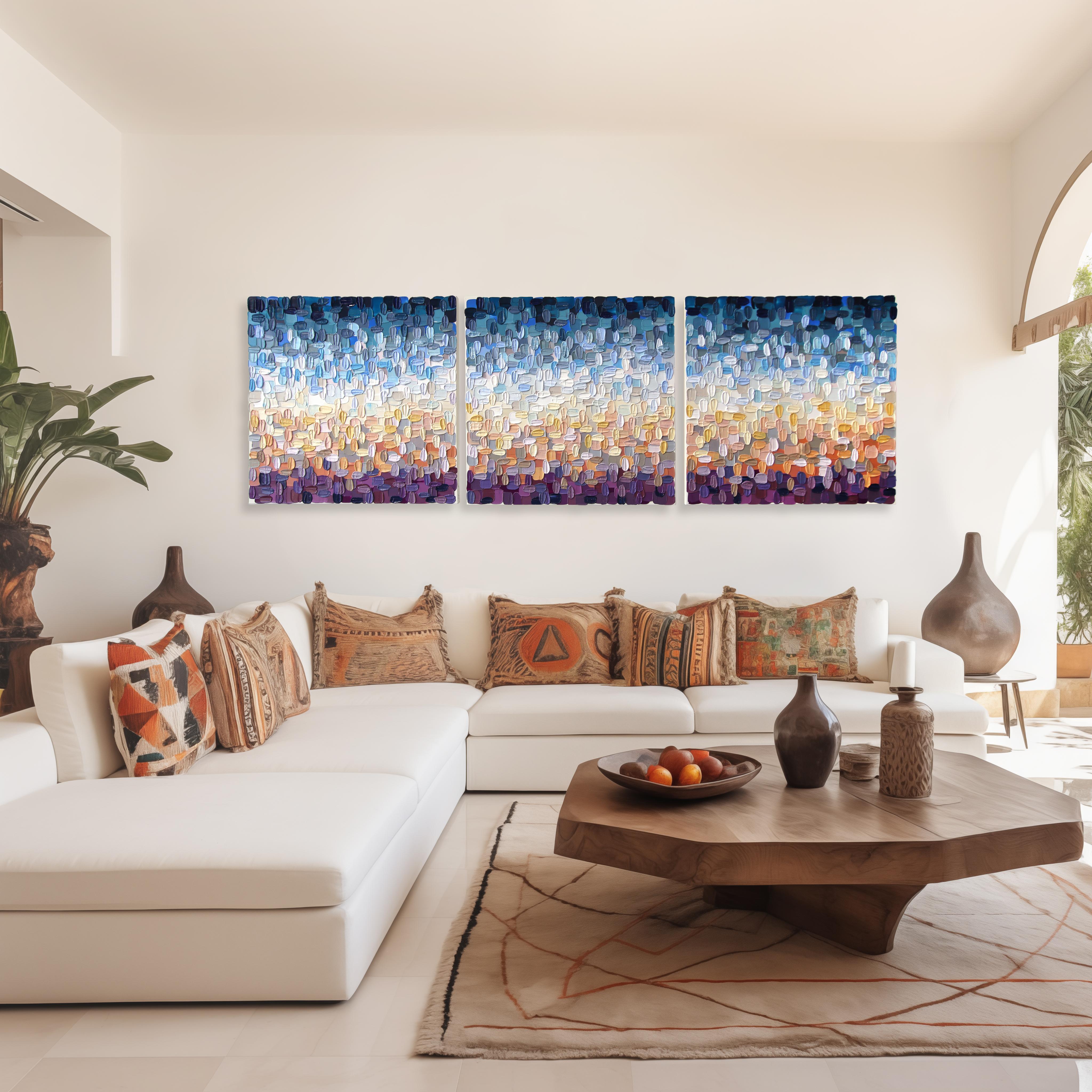 Früher Sonnenuntergang (Triptychon) -Große bunte Impasto inspirierte abstrakte Malerei – Painting von Shiri Phillips