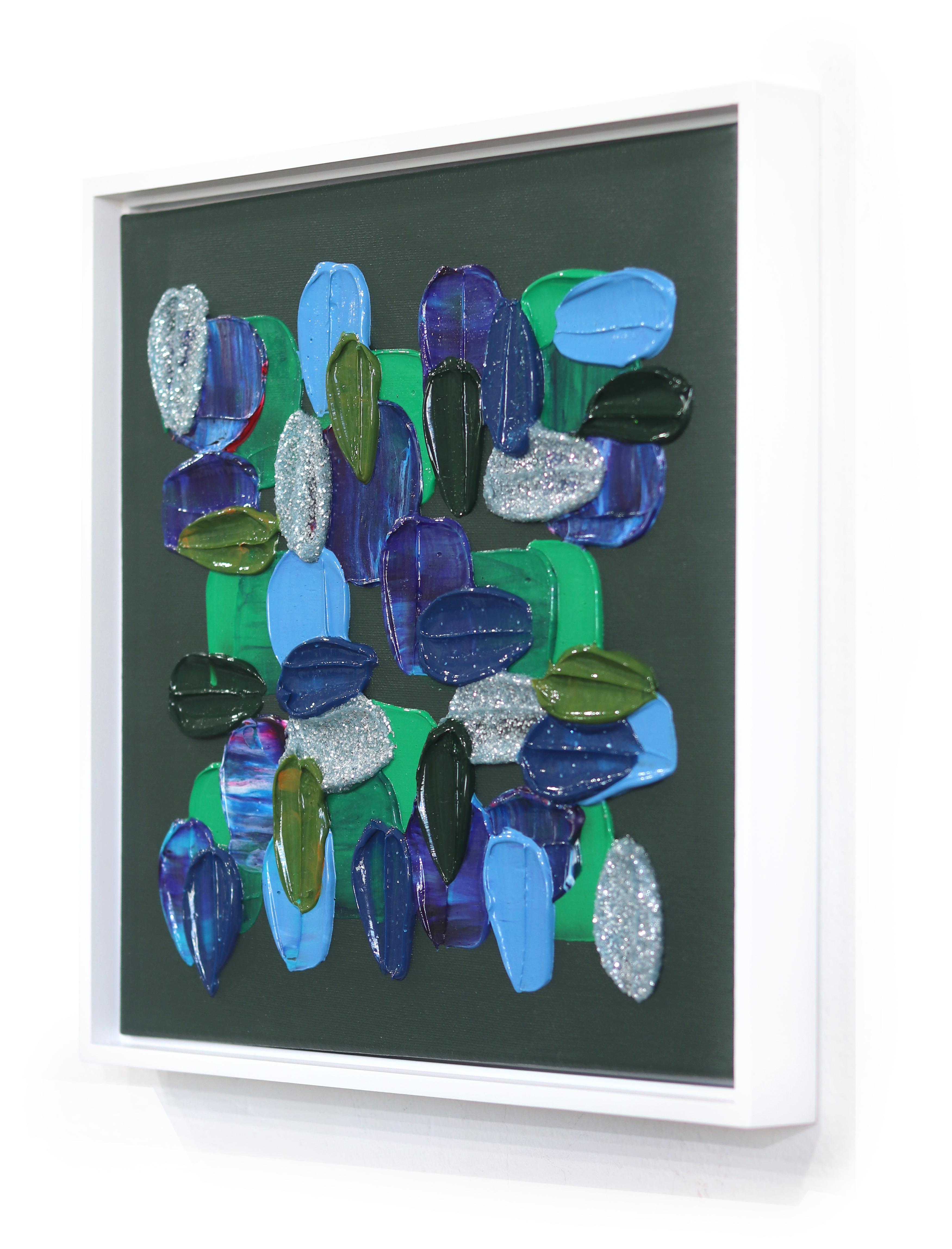 Fresh Cut - Impasto Pintura Gruesa Verde Azul Pintura Abstracta con Marco Blanco en venta 1