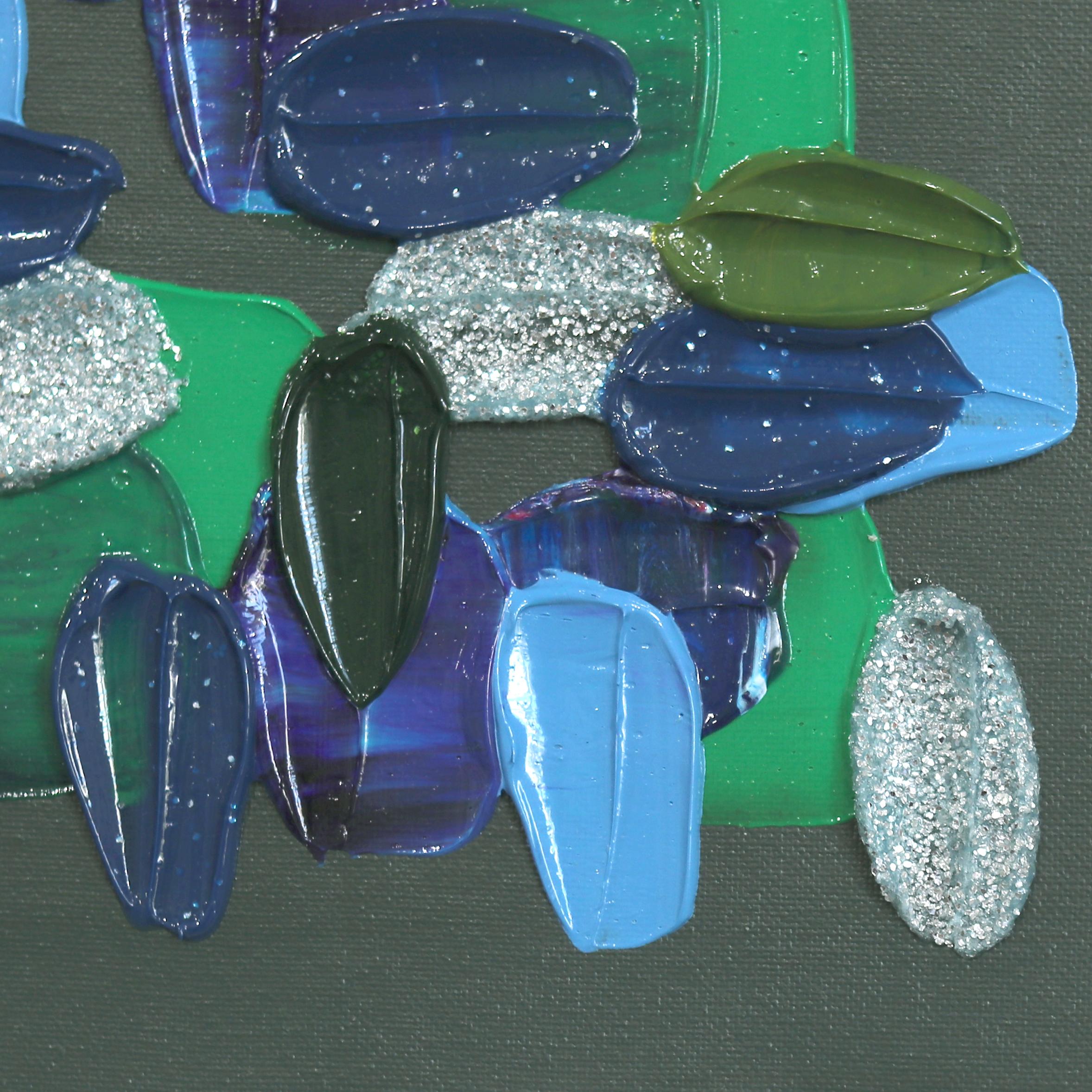 Fresh Cut - Impasto Pintura Gruesa Verde Azul Pintura Abstracta con Marco Blanco en venta 4