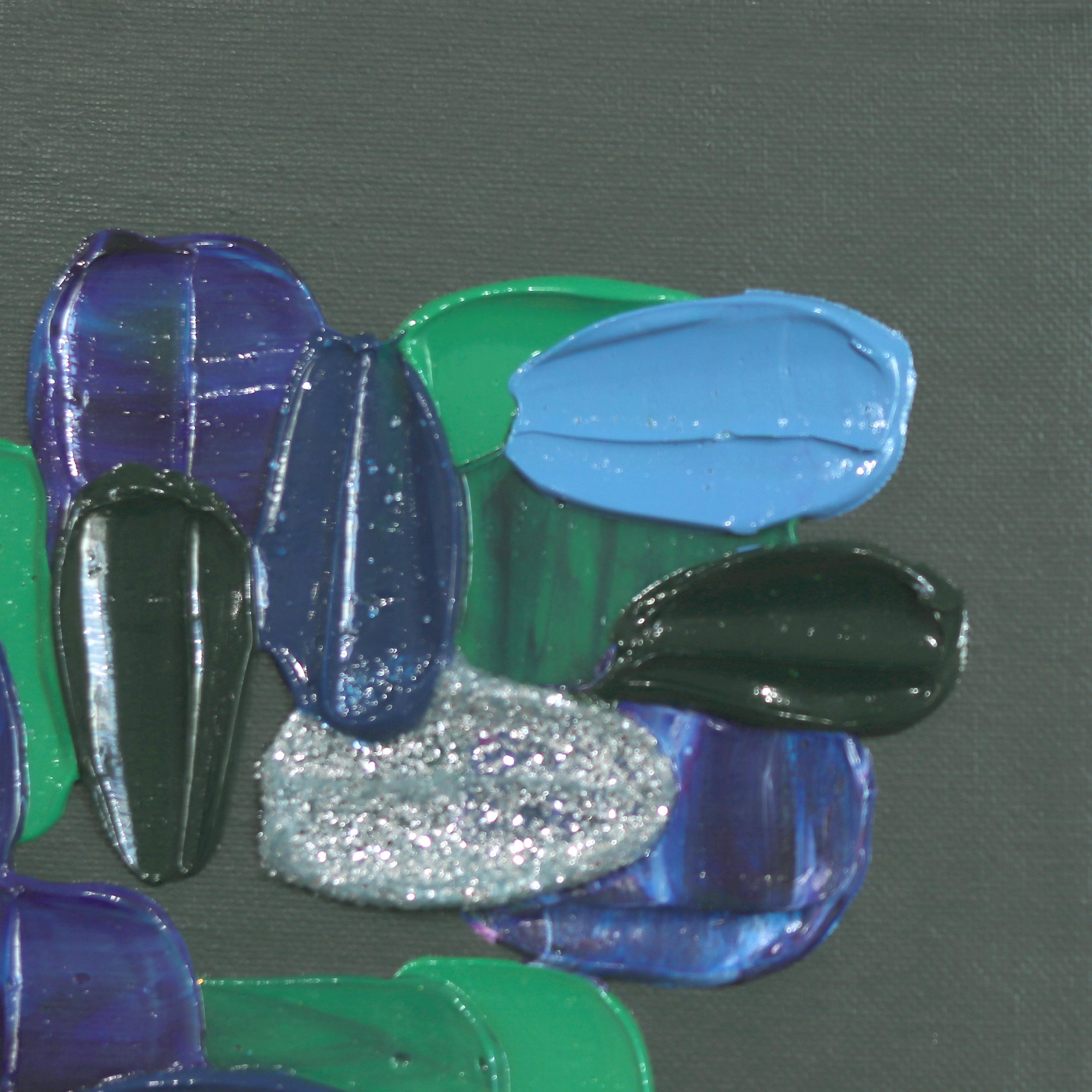 Fresh Cut - Impasto Pintura Gruesa Verde Azul Pintura Abstracta con Marco Blanco en venta 5