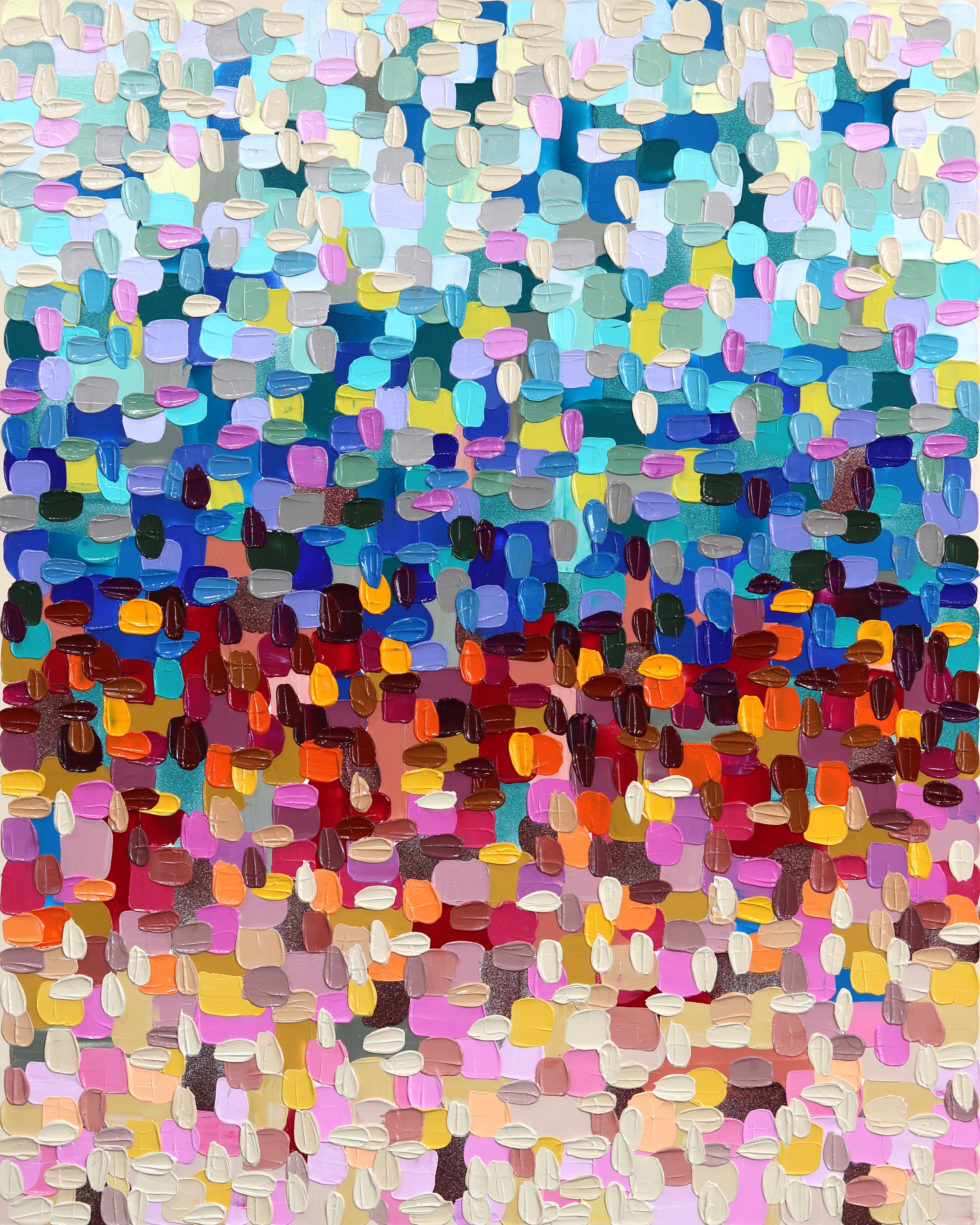 Impasto-painted strokes of bright colors are the framework of artist Shiri Phillips’ abstract artworks. Her paintings are flooded with texture through the layering of acrylic paint in fluent brushstrokes. Inspired by the vibrant surroundings she