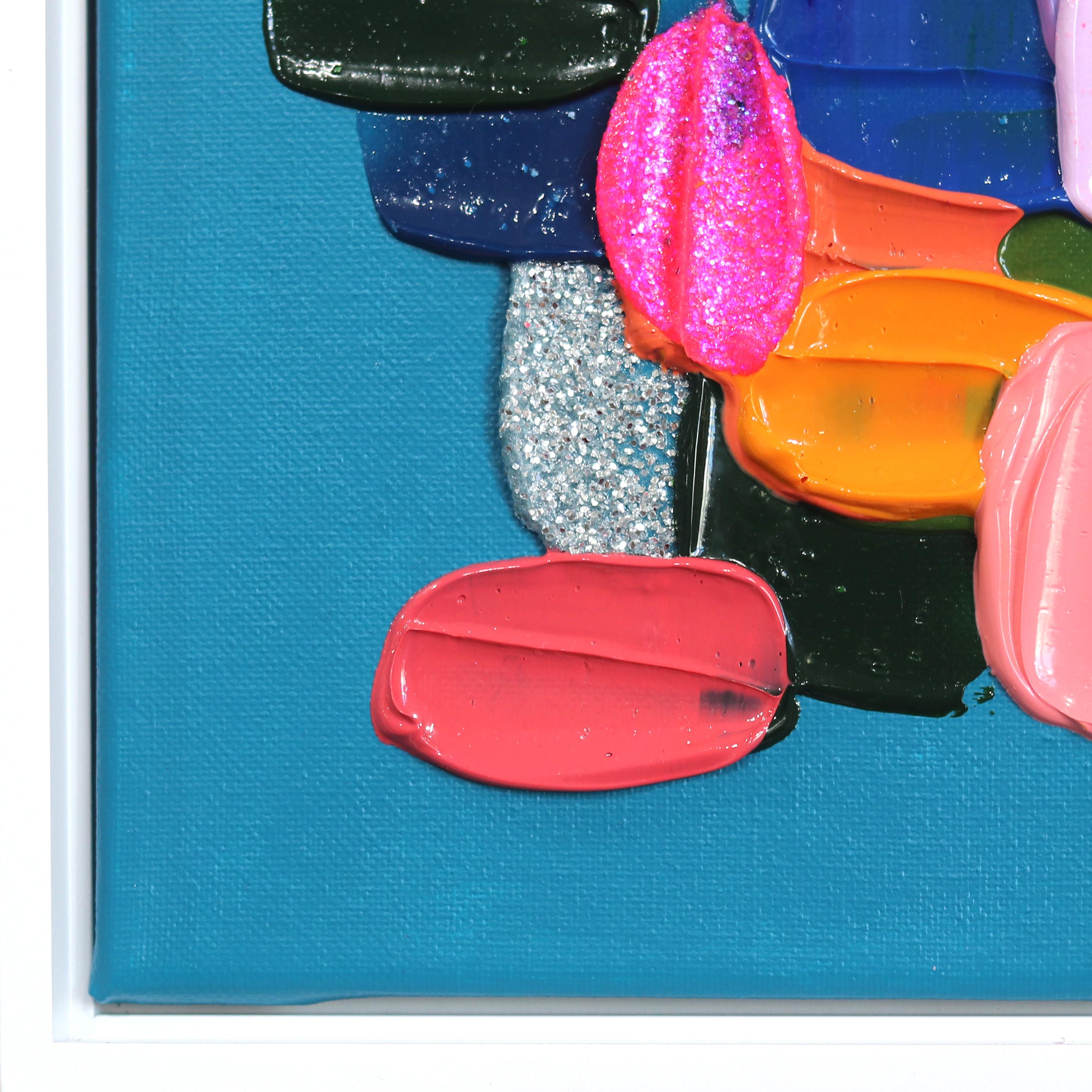 My Love For Color - Impasto Thick Paint Abstraktes Gemälde mit weißem Rahmen (Blau), Abstract Painting, von Shiri Phillips