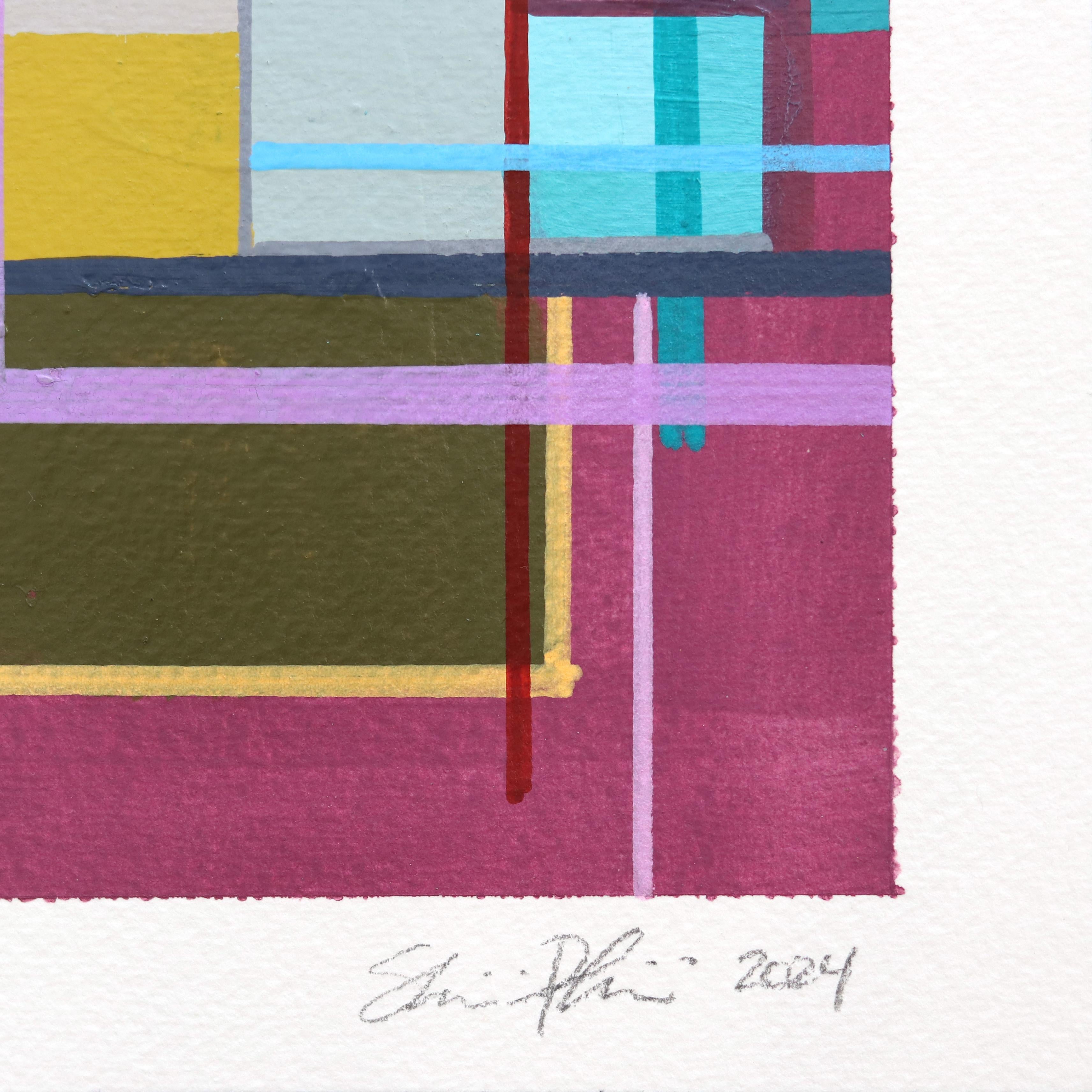 On Rock N' Roll - Original Abstract Colorful Geometric Mixed Media Art on Paper For Sale 2