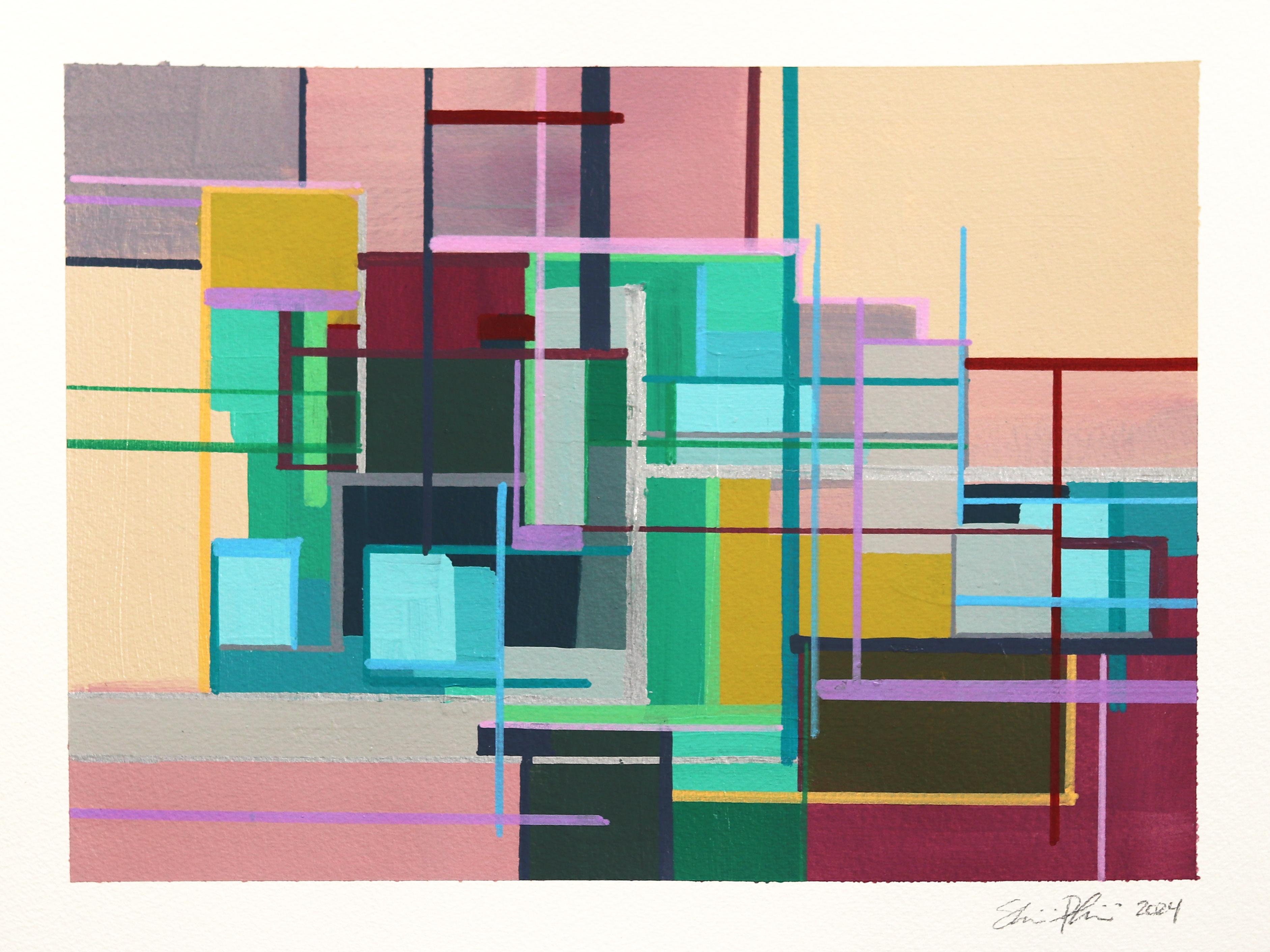 Shiri Phillips Abstract Painting - On Rock N' Roll - Original Abstract Colorful Geometric Mixed Media Art on Paper