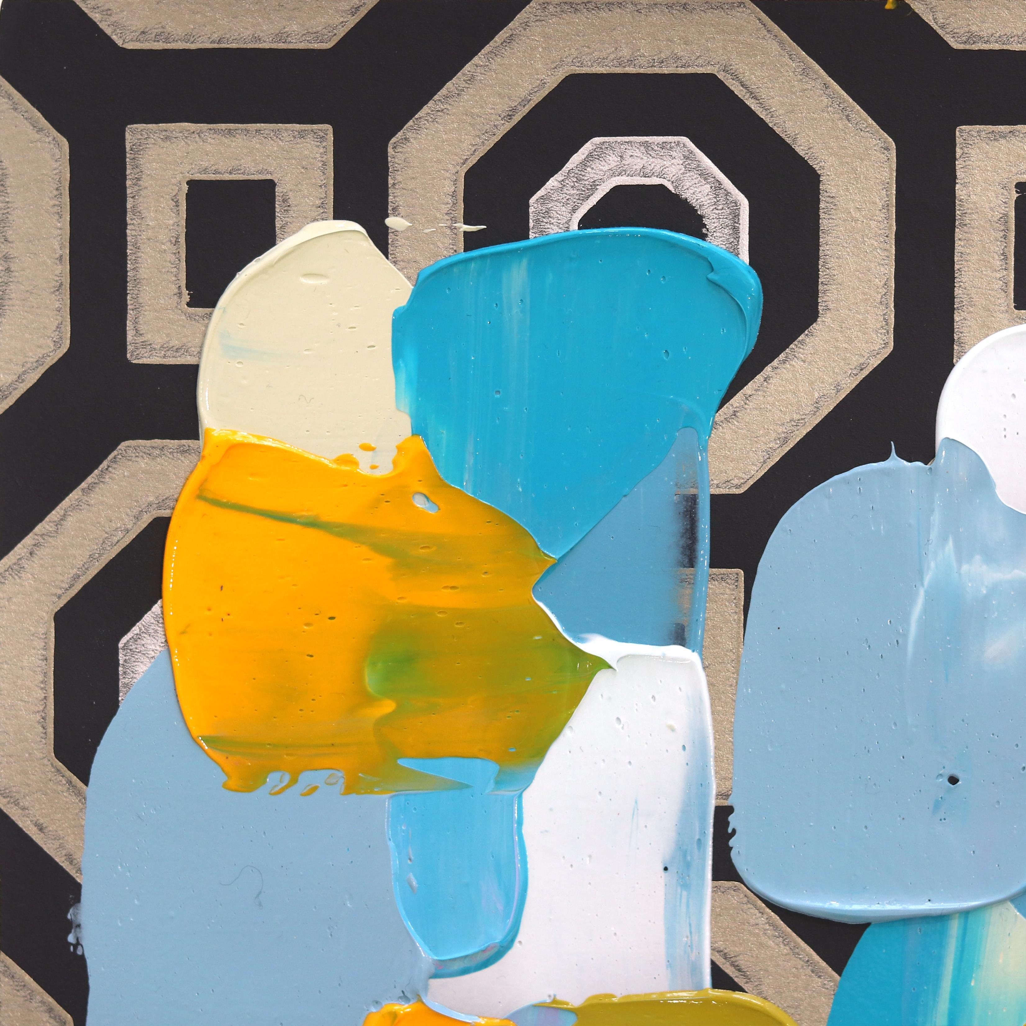 Pastel Geométrico 4 - Azul Amarillo Pintura Abstracta sobre Papel - Art Abstracto de Shiri Phillips