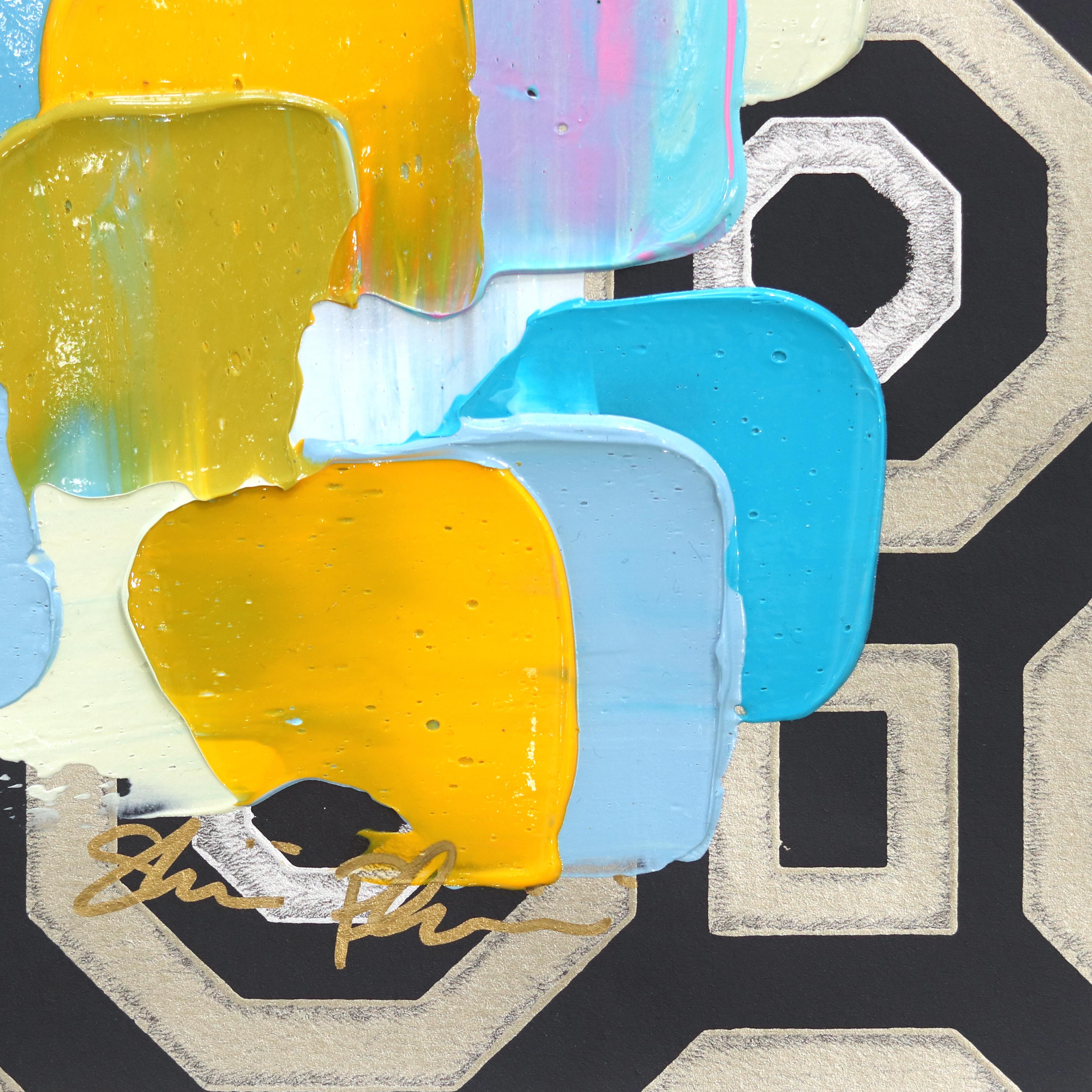 Pastel Geométrico 4 - Azul Amarillo Pintura Abstracta sobre Papel en venta 2