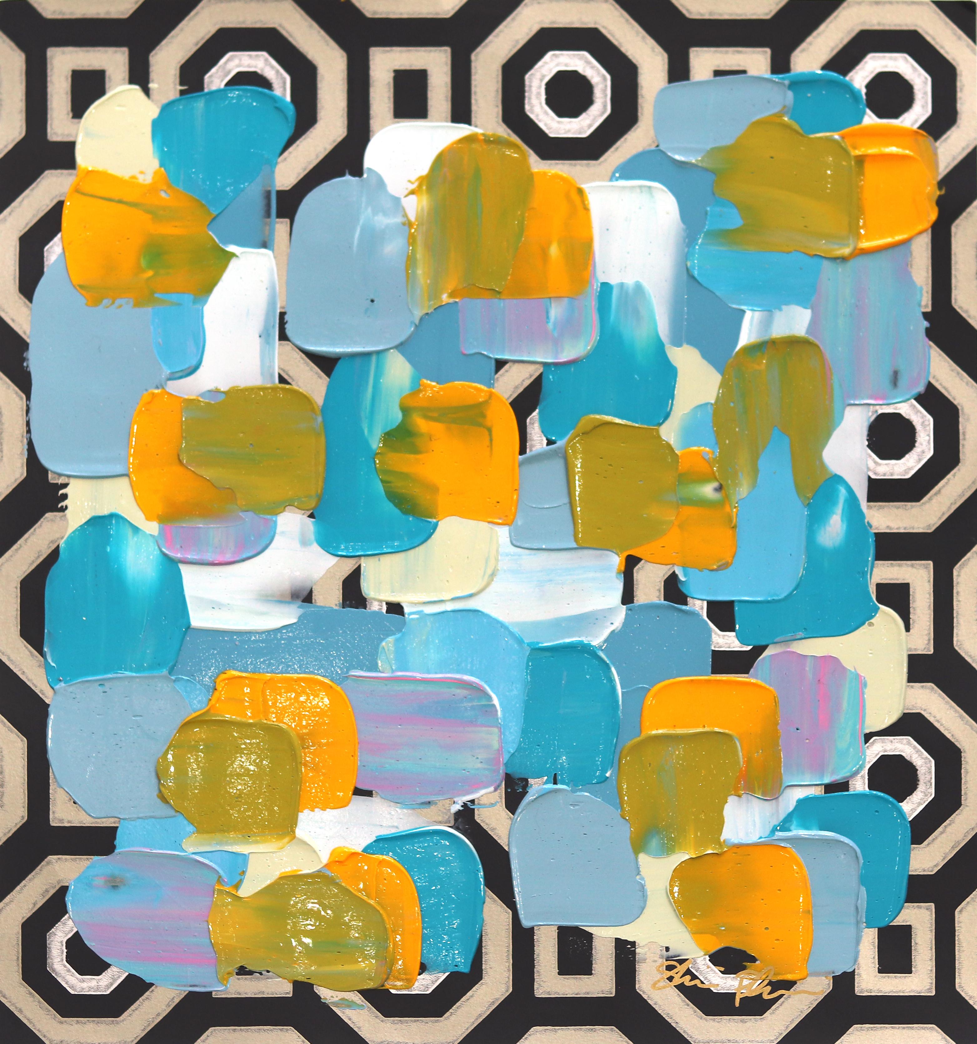Pastel Geométrico 4 - Azul Amarillo Pintura Abstracta sobre Papel - Art de Shiri Phillips