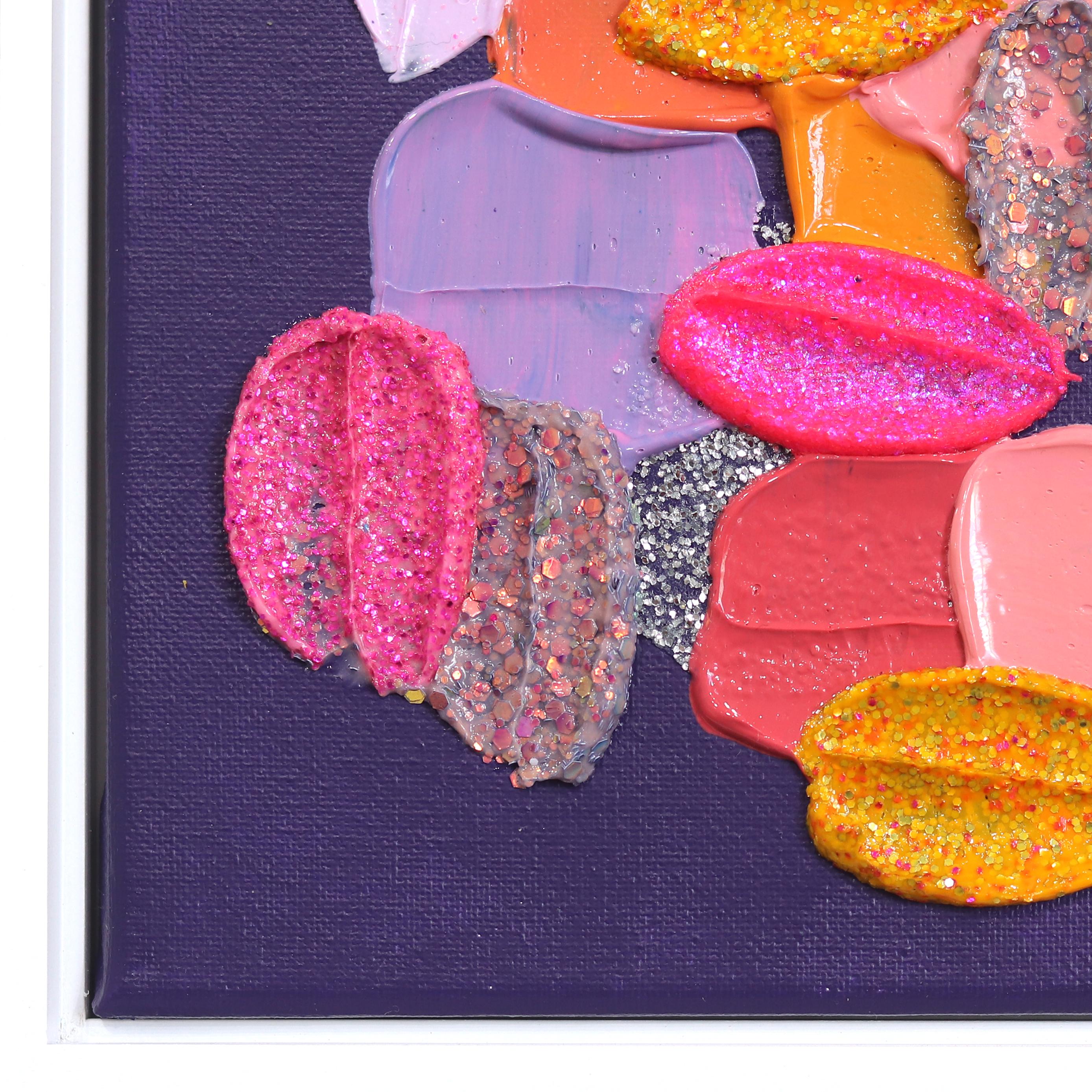 Dulzura - Pintura Impasto Pintura Gruesa Morado Rosa Abstracto con Marco Blanco en venta 6