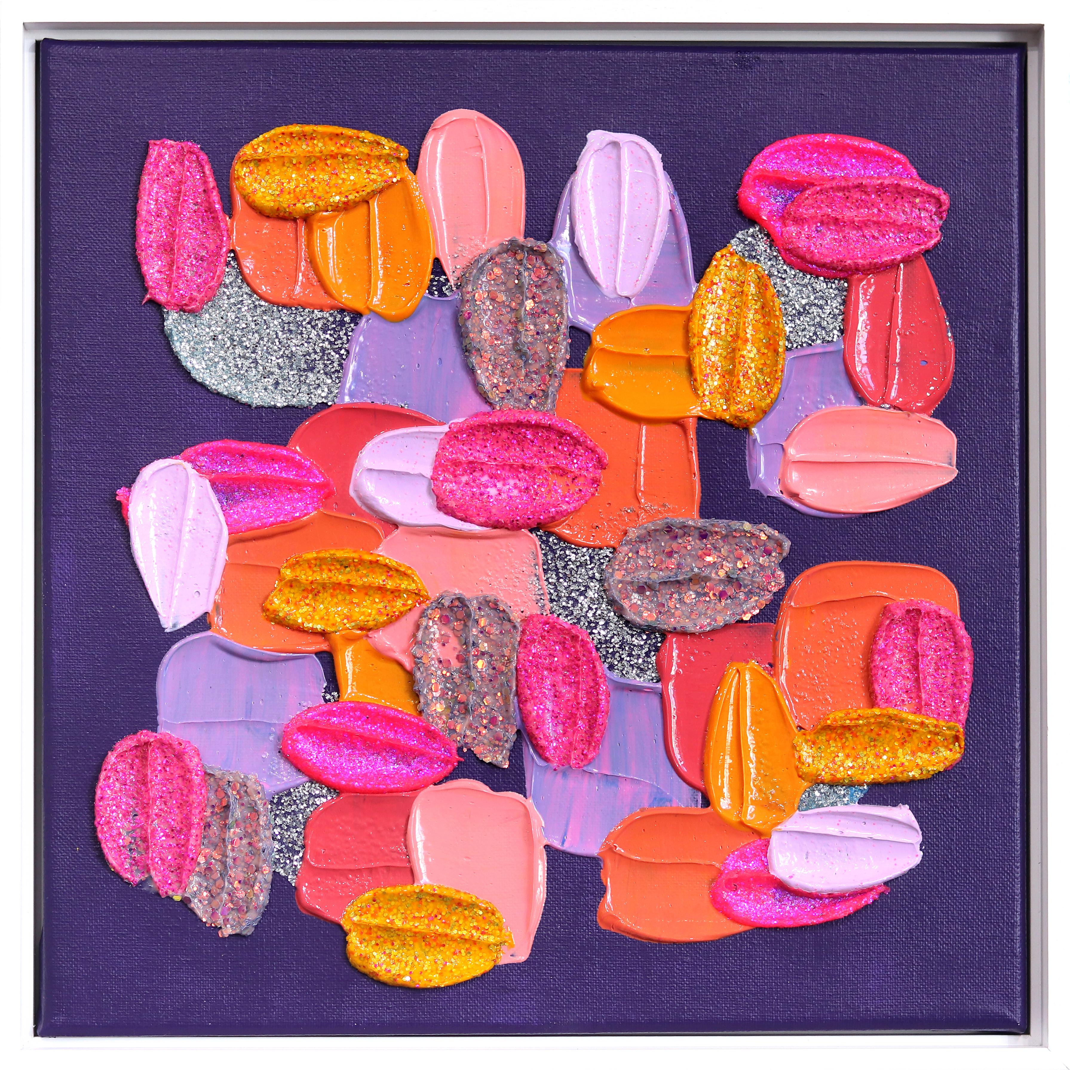 Sweetness - Pittura astratta con vernice spessa di colore viola e rosa con cornice bianca