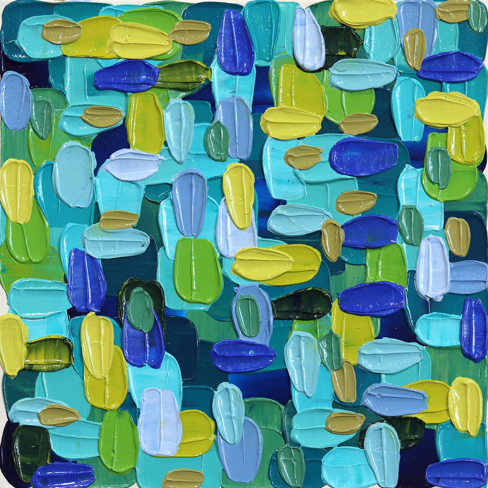 The Grass Is Greener - Thick Impasto Textural Green Blue Abstract Painting