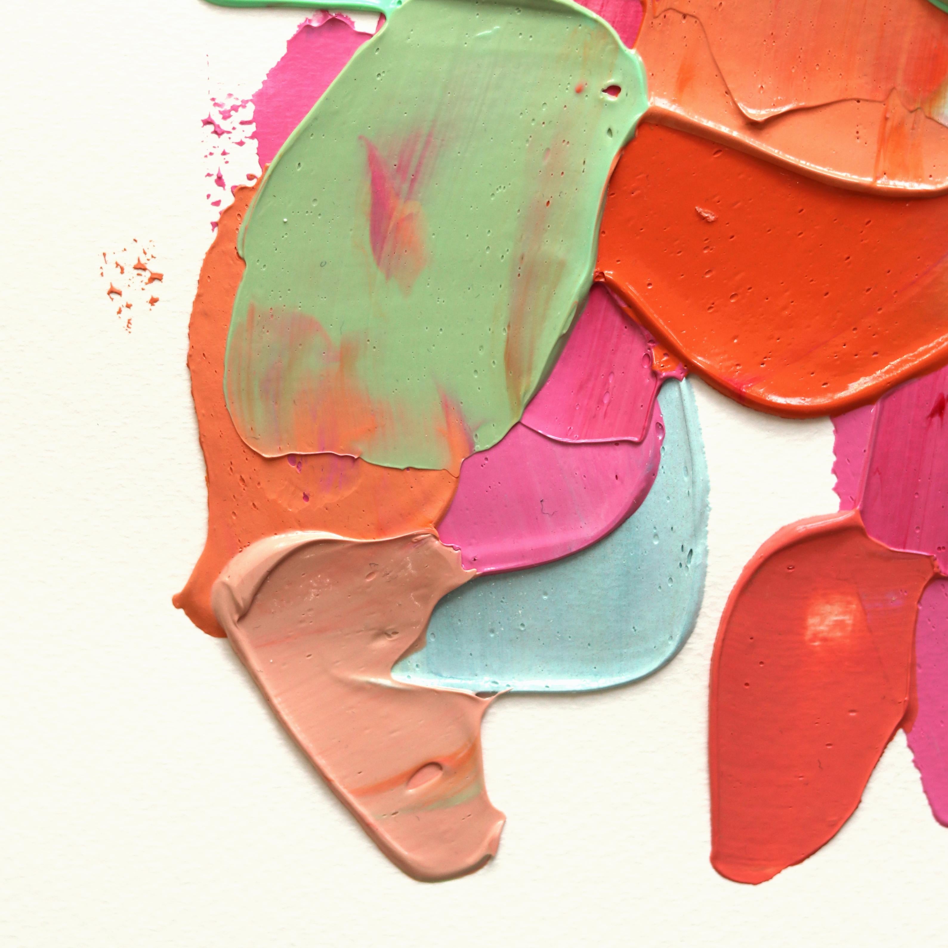 Abstraktes Gemälde auf Papier in lebhaftem Farbton – Impasto, farbenfrohes, dickes, abstraktes Gemälde – Painting von Shiri Phillips