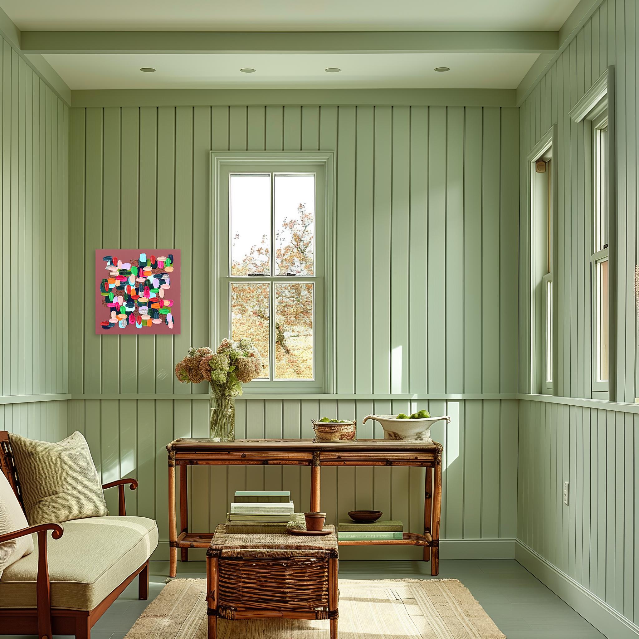 Warm Greens - Impasto inspirierte bunte dicke Farbe und Glitter Abstraktes Kunstwerk – Painting von Shiri Phillips