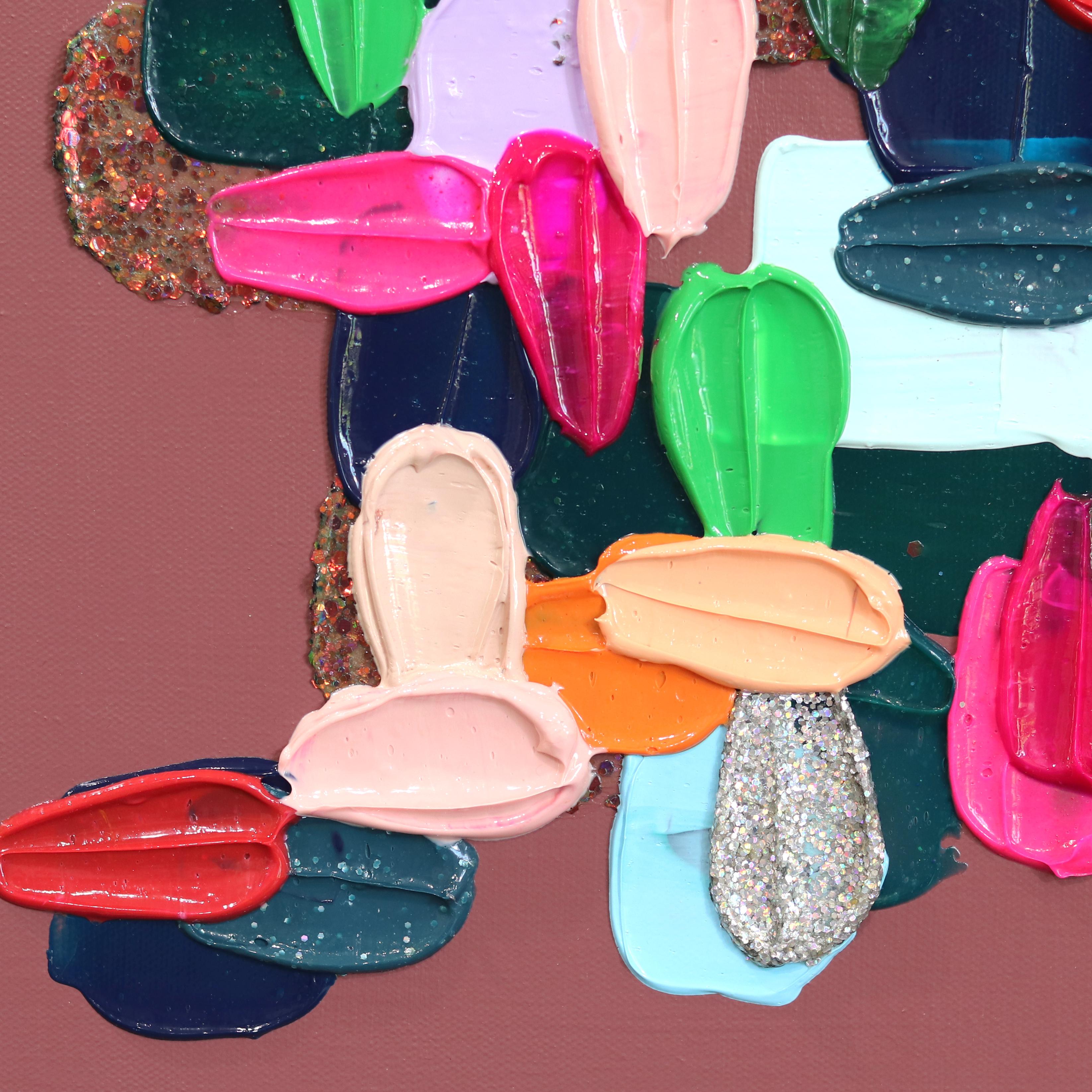 Warm Greens - Impasto inspirierte bunte dicke Farbe und Glitter Abstraktes Kunstwerk im Angebot 4