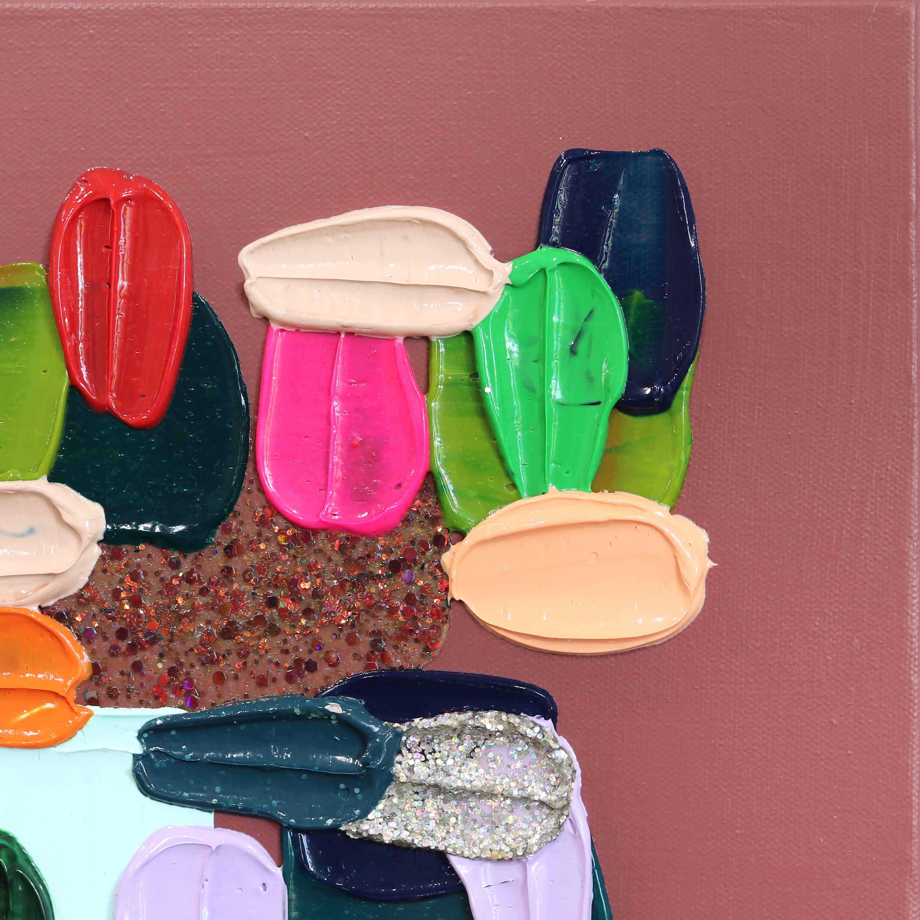 Warm Greens - Impasto inspirierte bunte dicke Farbe und Glitter Abstraktes Kunstwerk im Angebot 5