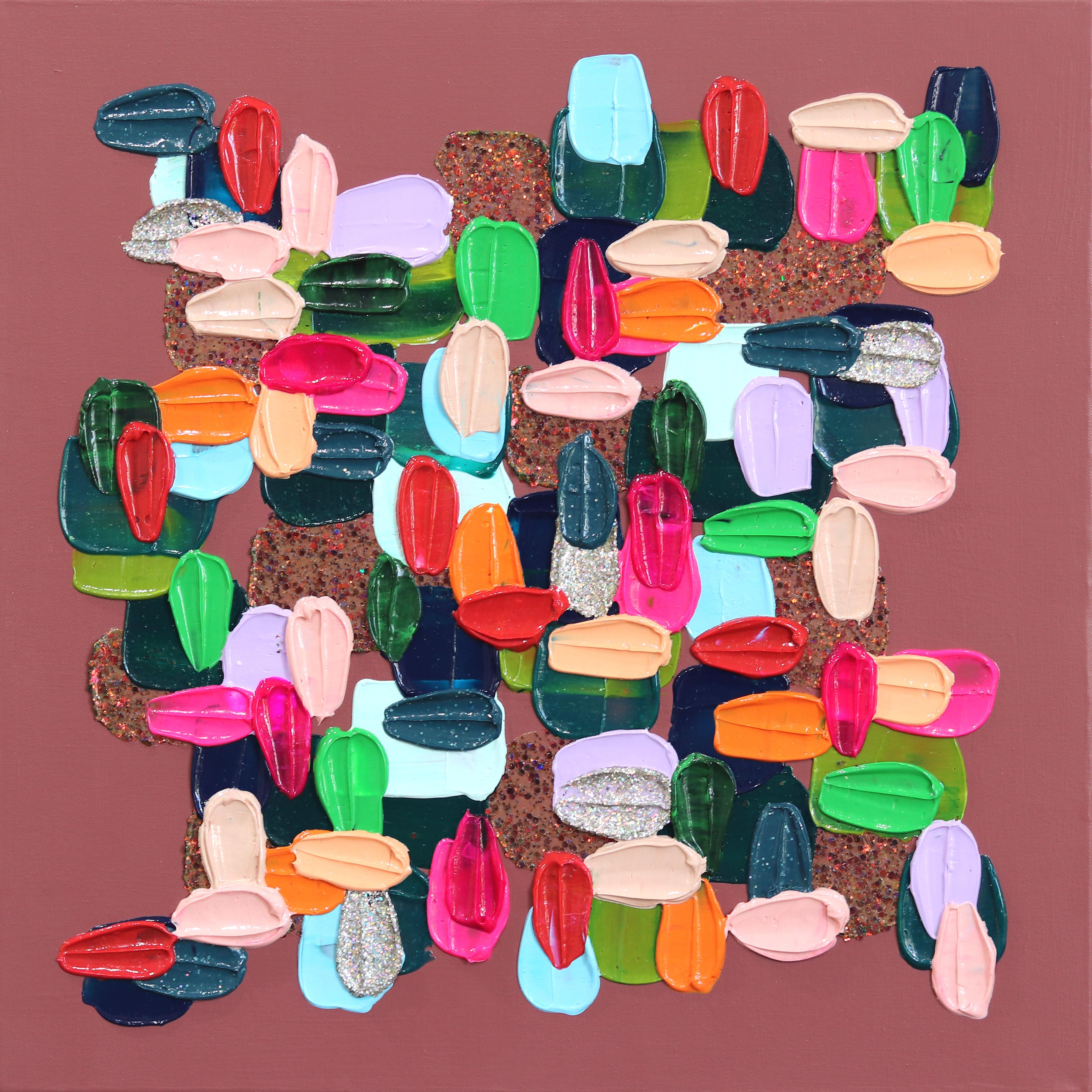 Shiri Phillips Abstract Painting – Warm Greens - Impasto inspirierte bunte dicke Farbe und Glitter Abstraktes Kunstwerk