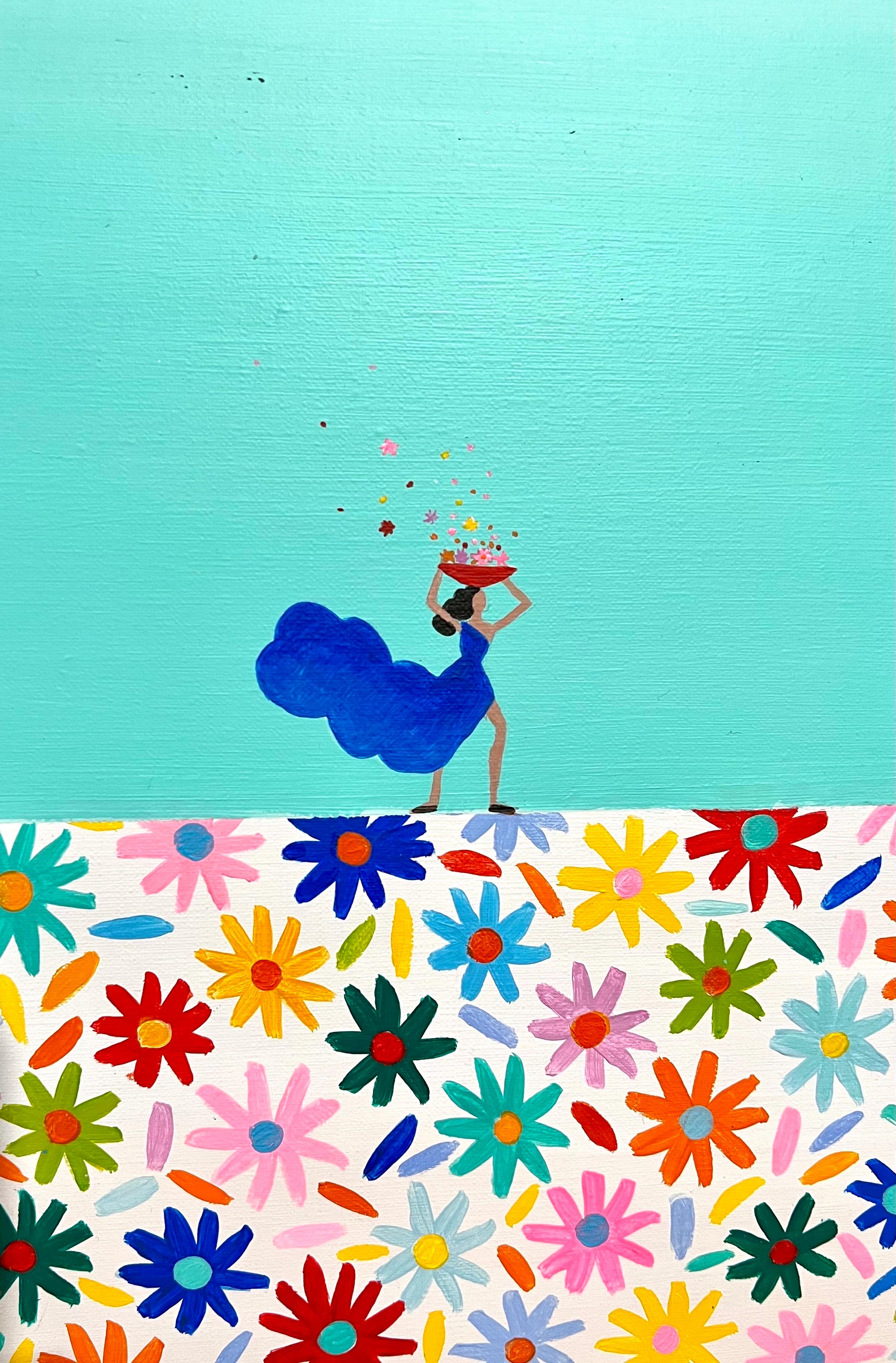 
A woman picking flowers in a flower field with a blowing, flowing dress against an ombre sky.
Hand signed and dated verso. Bears a Barcelona, Spain stamp on the stretcher.
32 X 32 inches

Persian Canadian artist Shirin Sahba was born in India, With