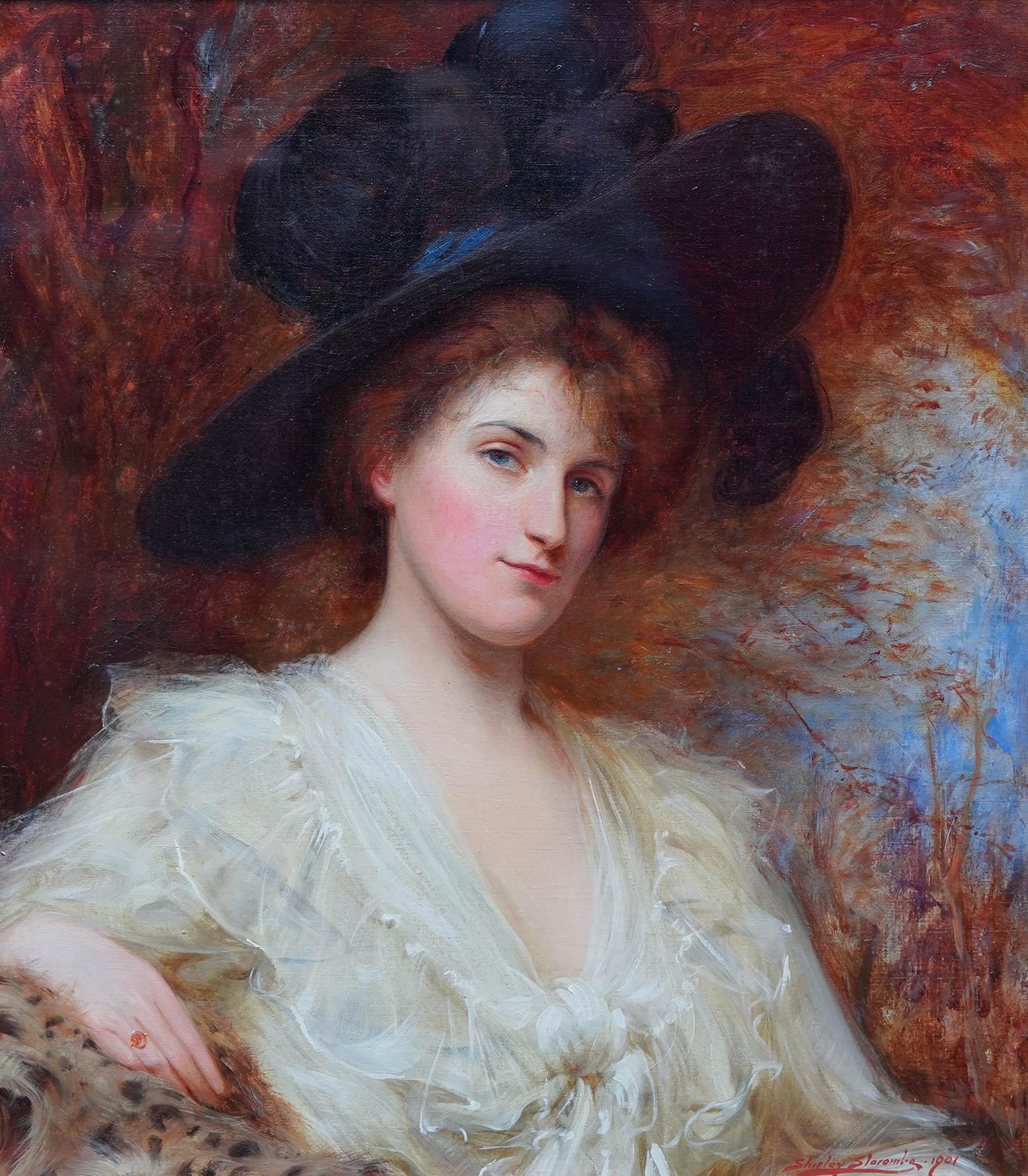 Ritratto di signora con cappello nero - Quadro ad olio di arte edoardiana britannica - Painting Vittoriano di Shirley Charles Slocombe
