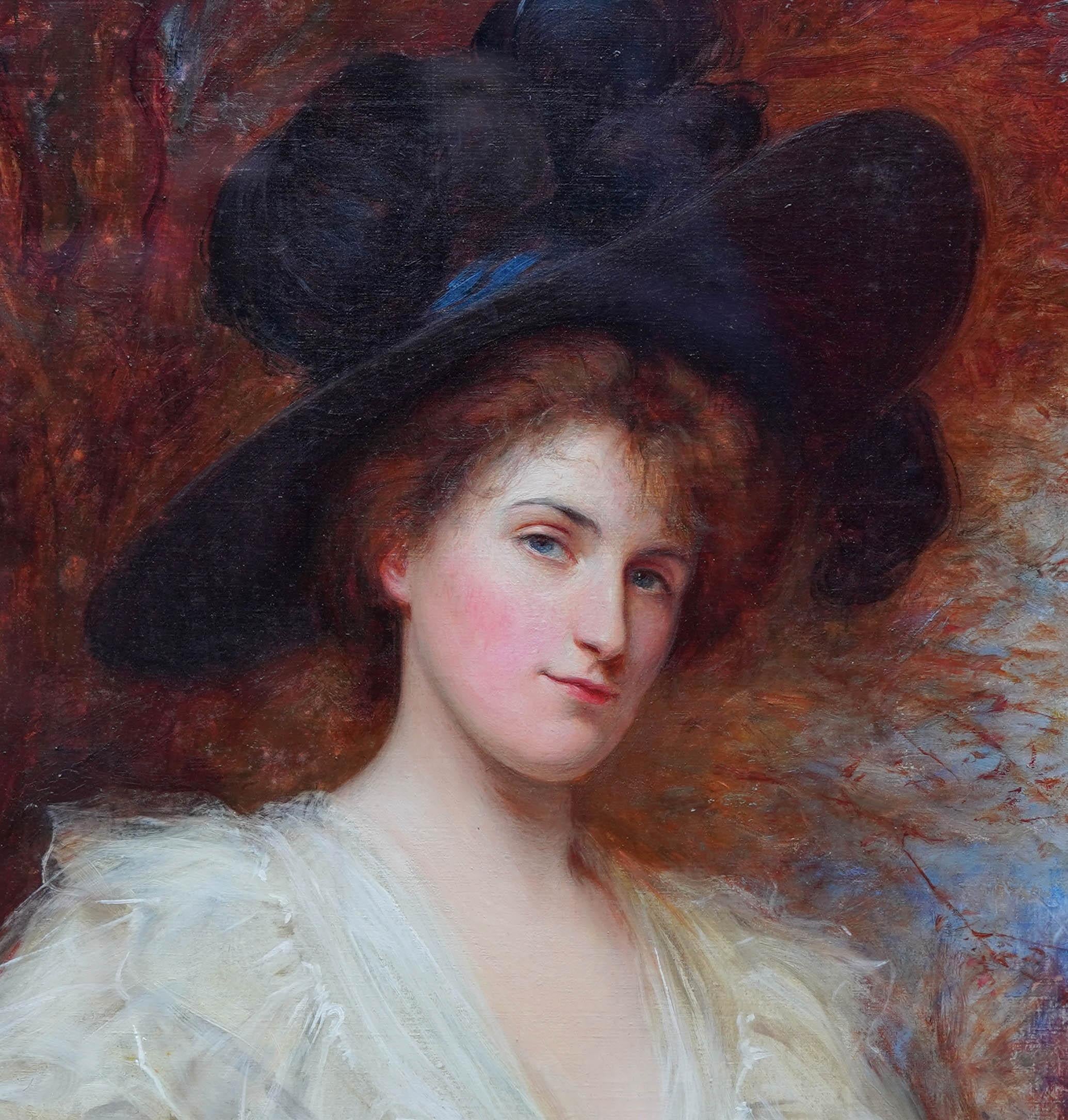 Ritratto di signora con cappello nero - Quadro ad olio di arte edoardiana britannica - Portrait Painting Marrone di Shirley Charles Slocombe
