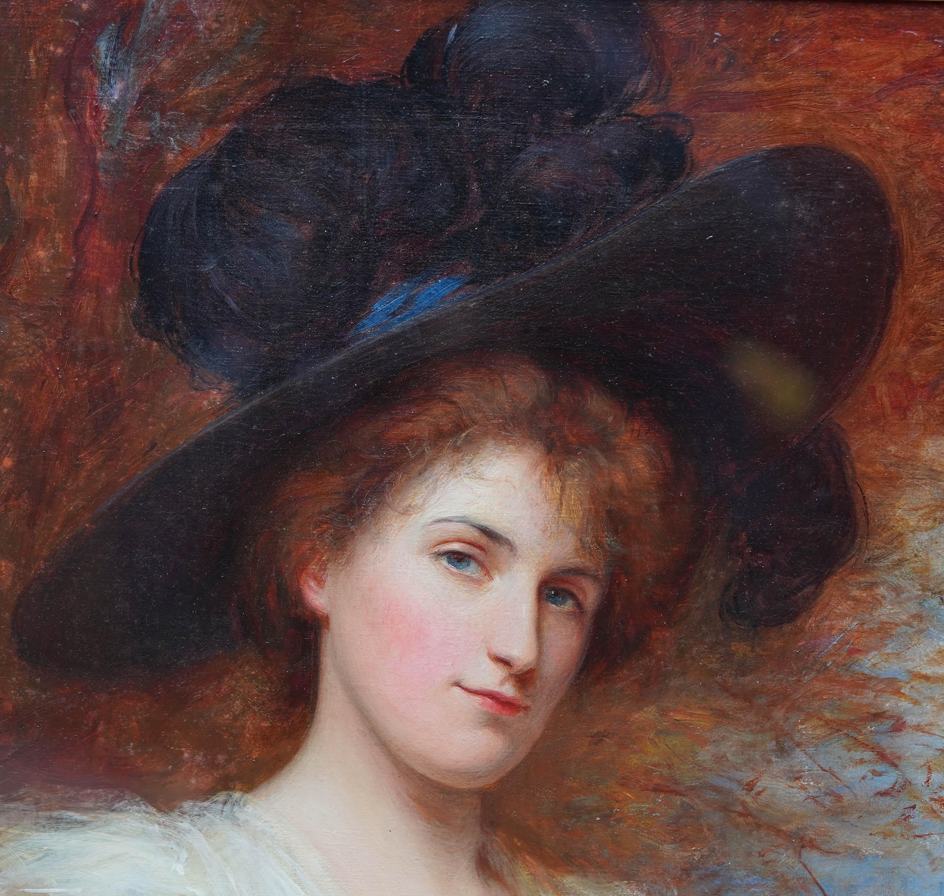 Questo straordinario ritratto britannico ad olio è opera dell'artista Shirley Slocombe. An He lo dipinse nel 1901 ed è firmato e datato in basso a destra. La composizione è un ritratto a figura intera di una donna in un paesaggio. Indossa un abito