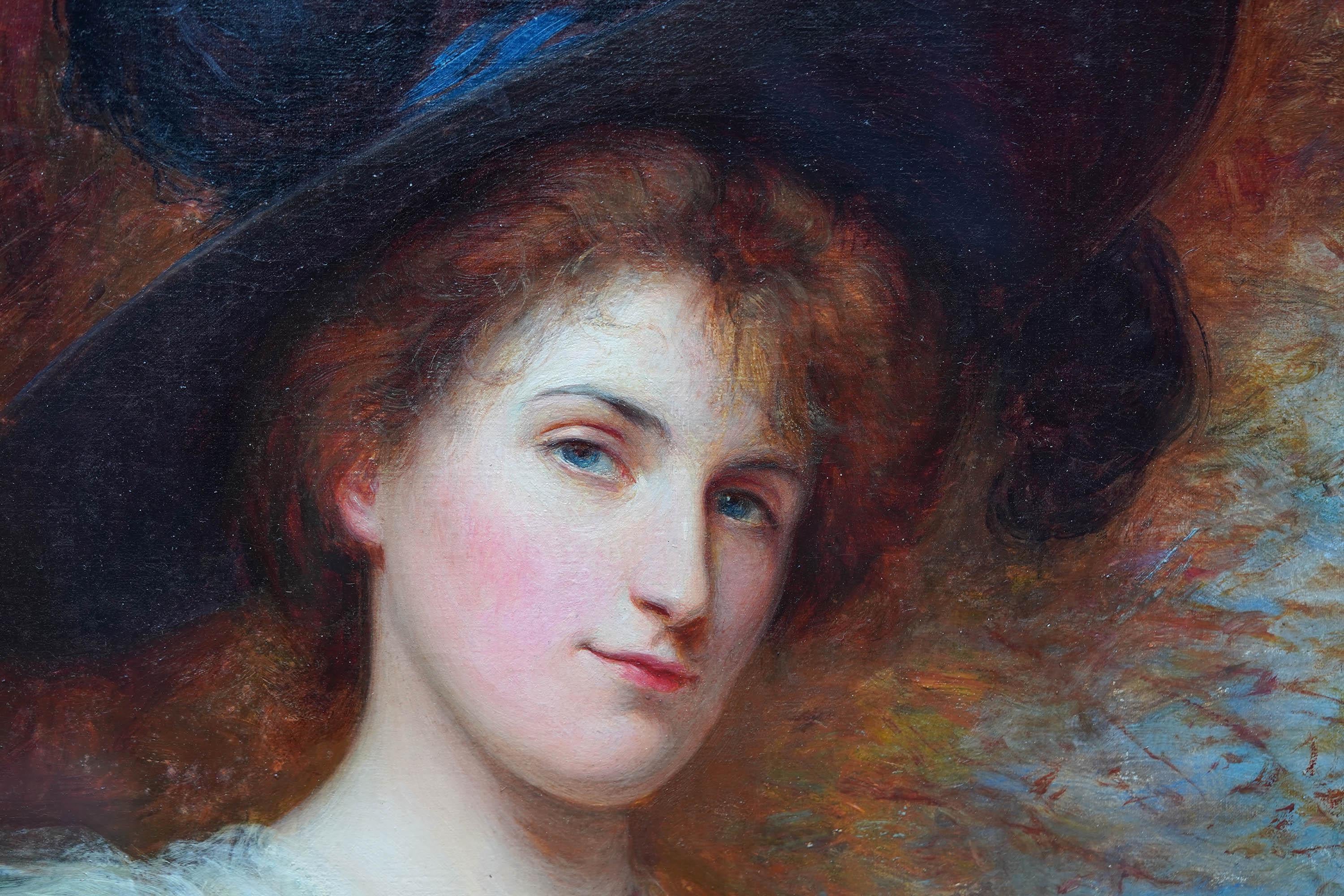 Ritratto di signora con cappello nero - Quadro ad olio di arte edoardiana britannica in vendita 1