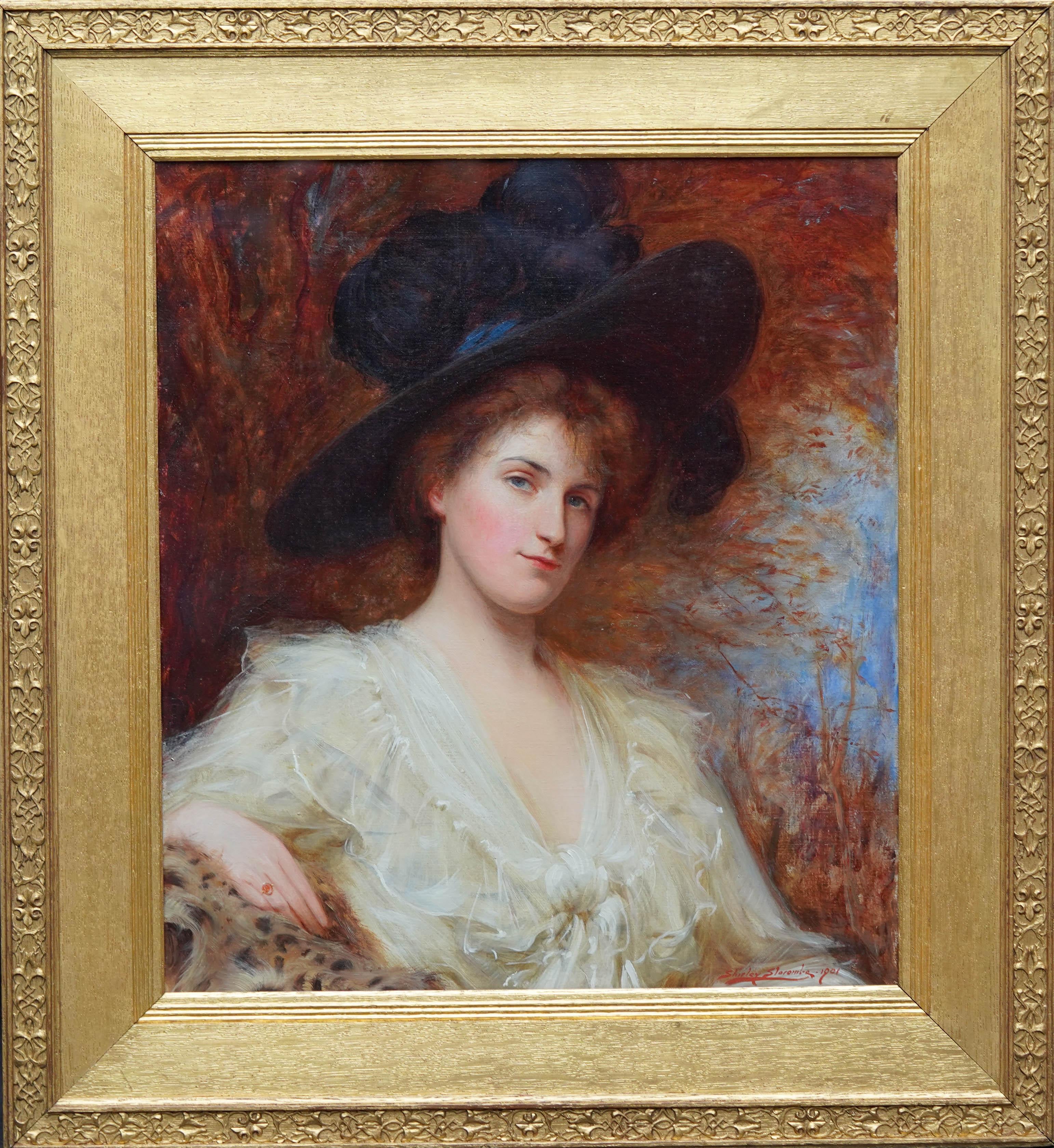 Portrait Painting di Shirley Charles Slocombe - Ritratto di signora con cappello nero - Quadro ad olio di arte edoardiana britannica