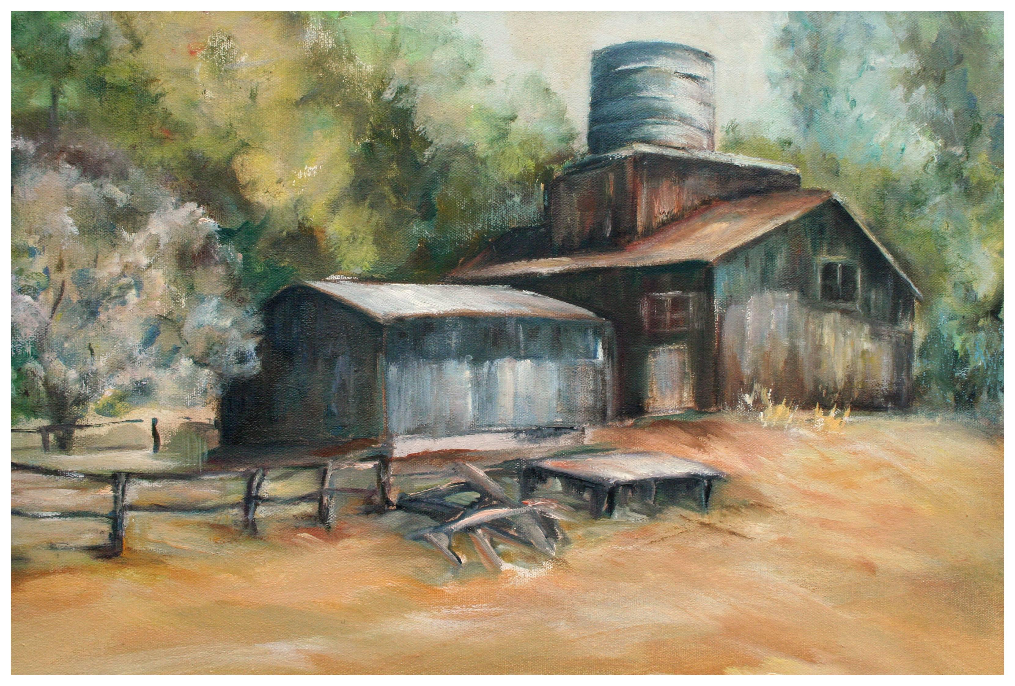 „Lazy Day in the Country“ – pastorale Bauernhoflandschaft mit Scheune aus der Mitte des Jahrhunderts – Painting von Shirley Gilman