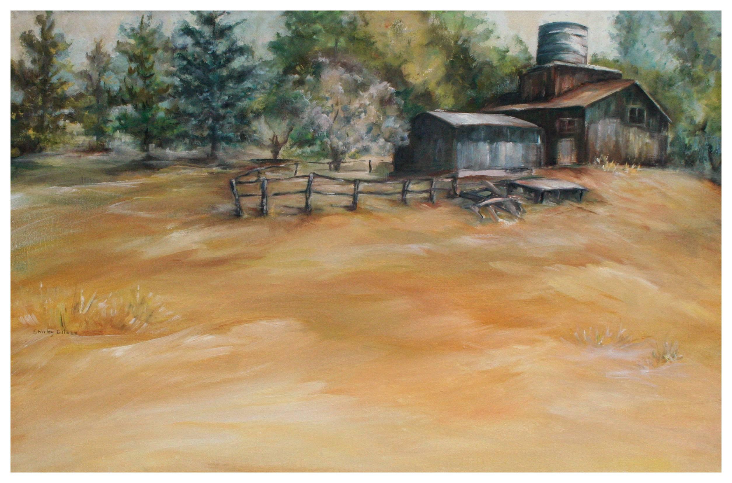 „Lazy Day in the Country“ – pastorale Bauernhoflandschaft mit Scheune aus der Mitte des Jahrhunderts (Amerikanischer Impressionismus), Painting, von Shirley Gilman