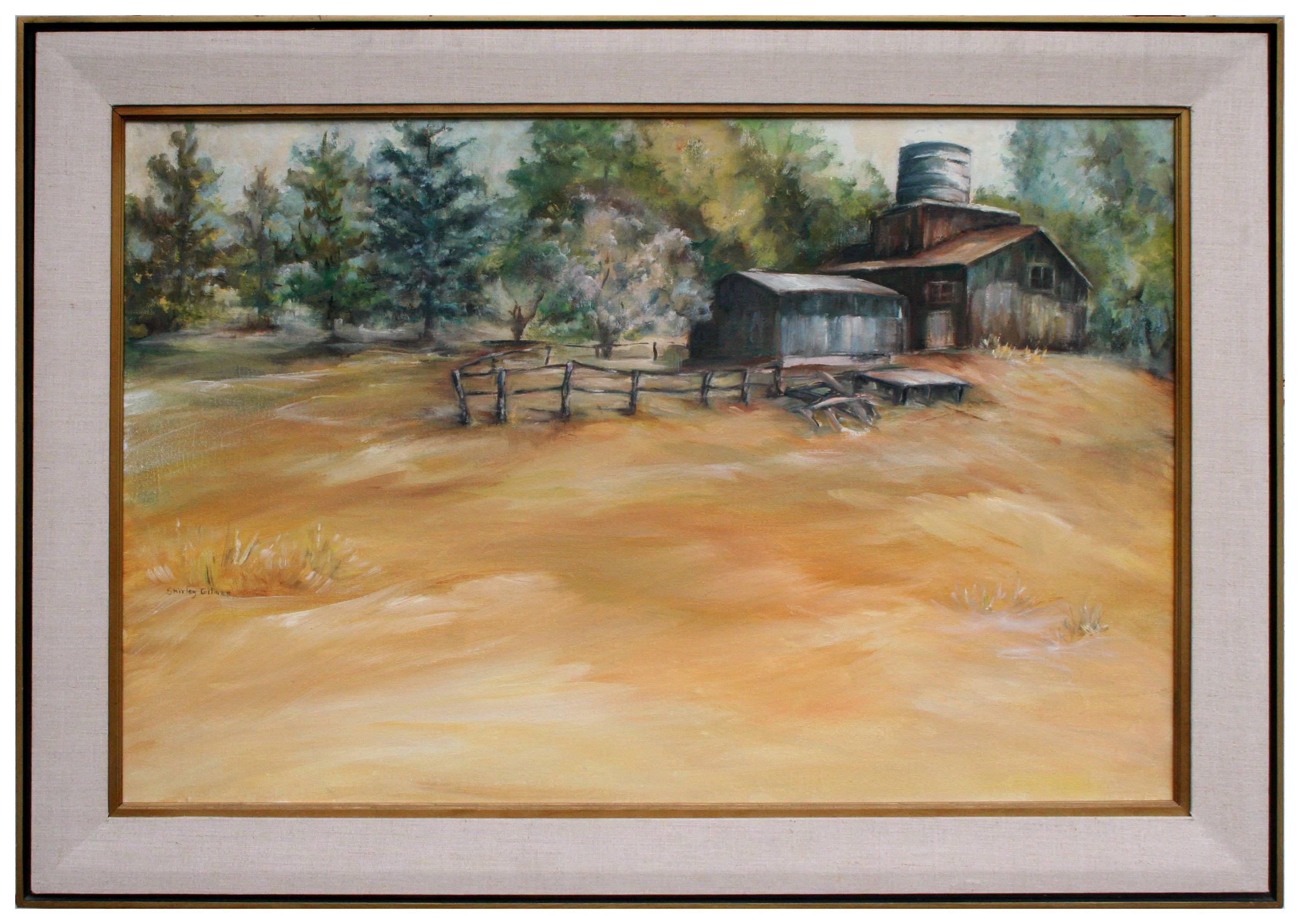 Shirley Gilman Landscape Painting - "Lazy Day in the Country" - Mid Century Pastoral Farm Landscape w Barn