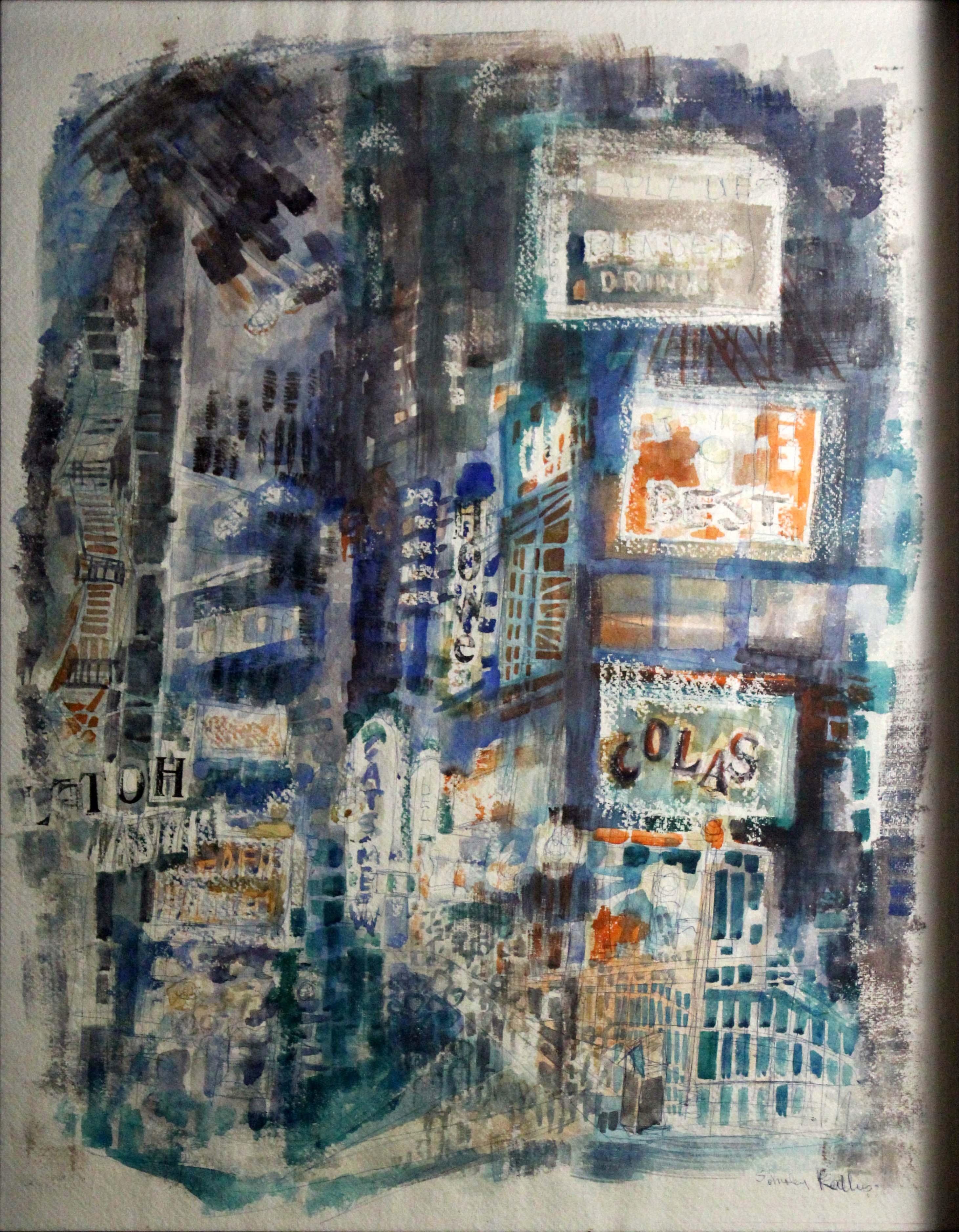 A marvelous Mid-Century Modern original watercolor titled Blue City by Michigan artist Shirley Kallus. Hand signed on the bottom right and on the verso is the submission tag for the Michigan State Fair in Detroit. When viewing this watercolor you