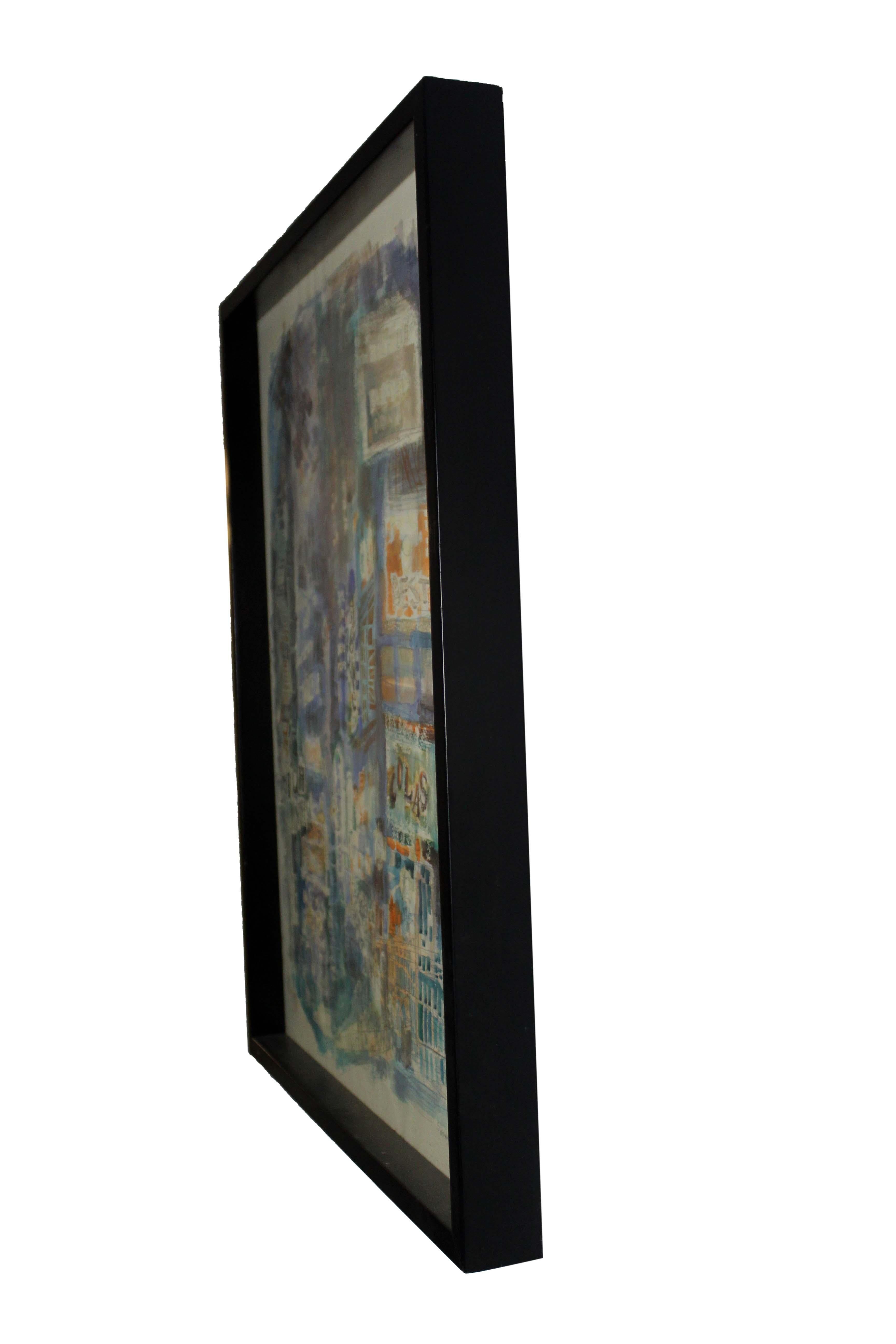 Shirley Kallus Blue City Mid-Century Modern Original Watercolor Framed In Good Condition In Keego Harbor, MI