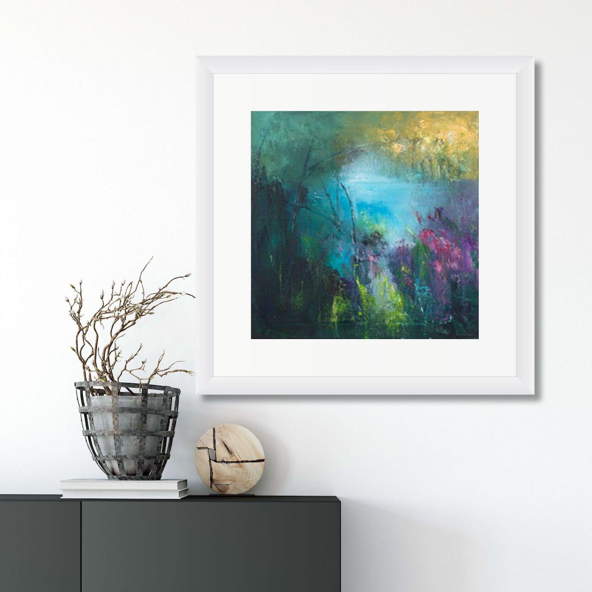 Into the Blue, Abstract art, Blue and pink landscape art, Devon art - Print by Shirley Kirkcaldy
