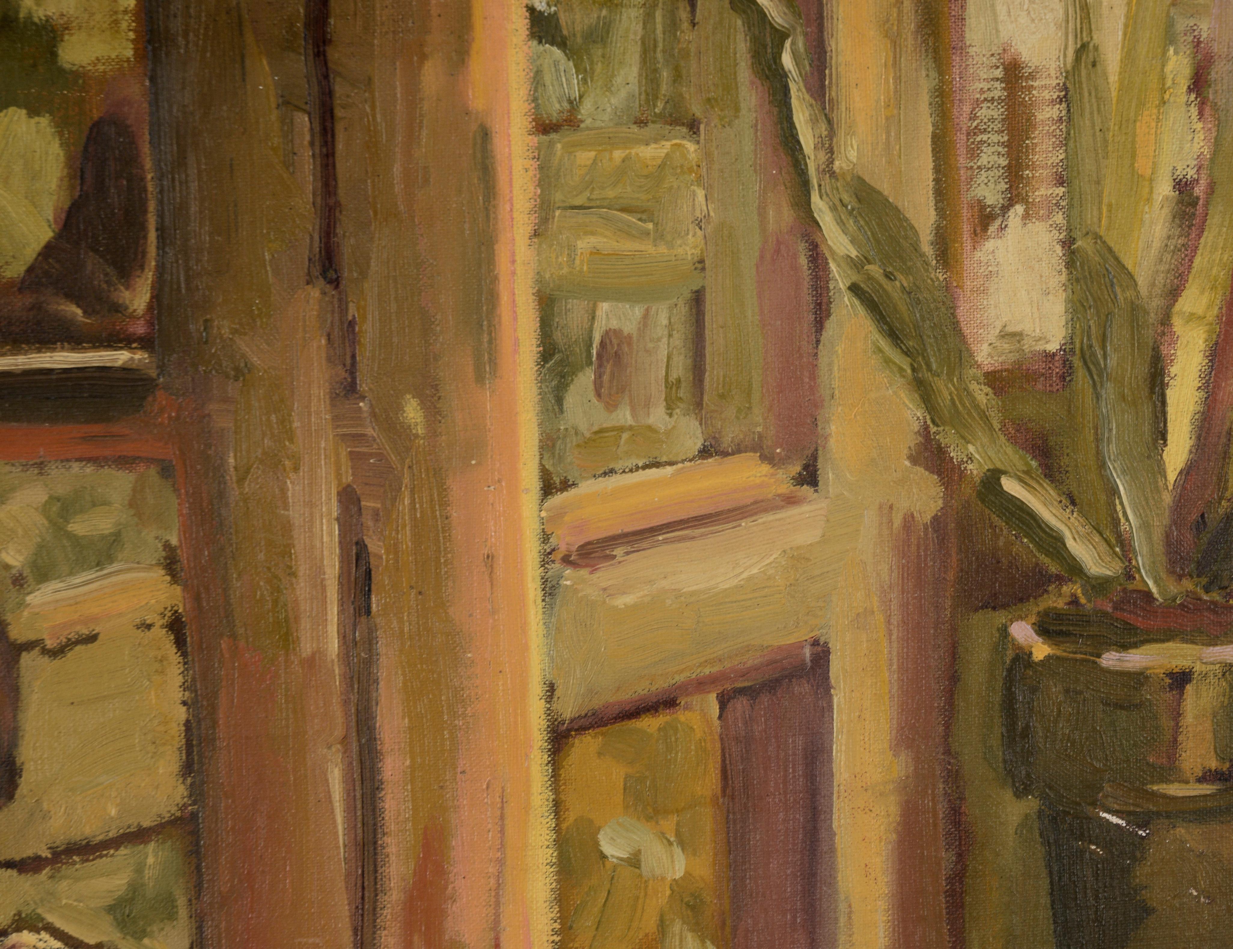 Stimmungsvolle Darstellung einer Frau an einem sonnigen Morgen von Shirley Polovy (Amerikanerin, geb. 1942). Auf der linken Seite der Komposition sitzt eine Frau mit einem leichten Lächeln im Schatten. Hinter ihr und auf der rechten Seite befinden