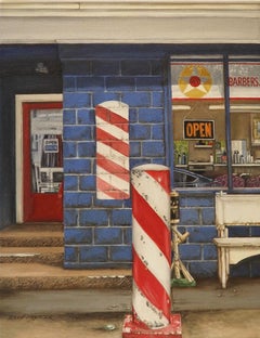 "Barbers" original oil painting, cityscape, photorealism, by Shirley Masinter