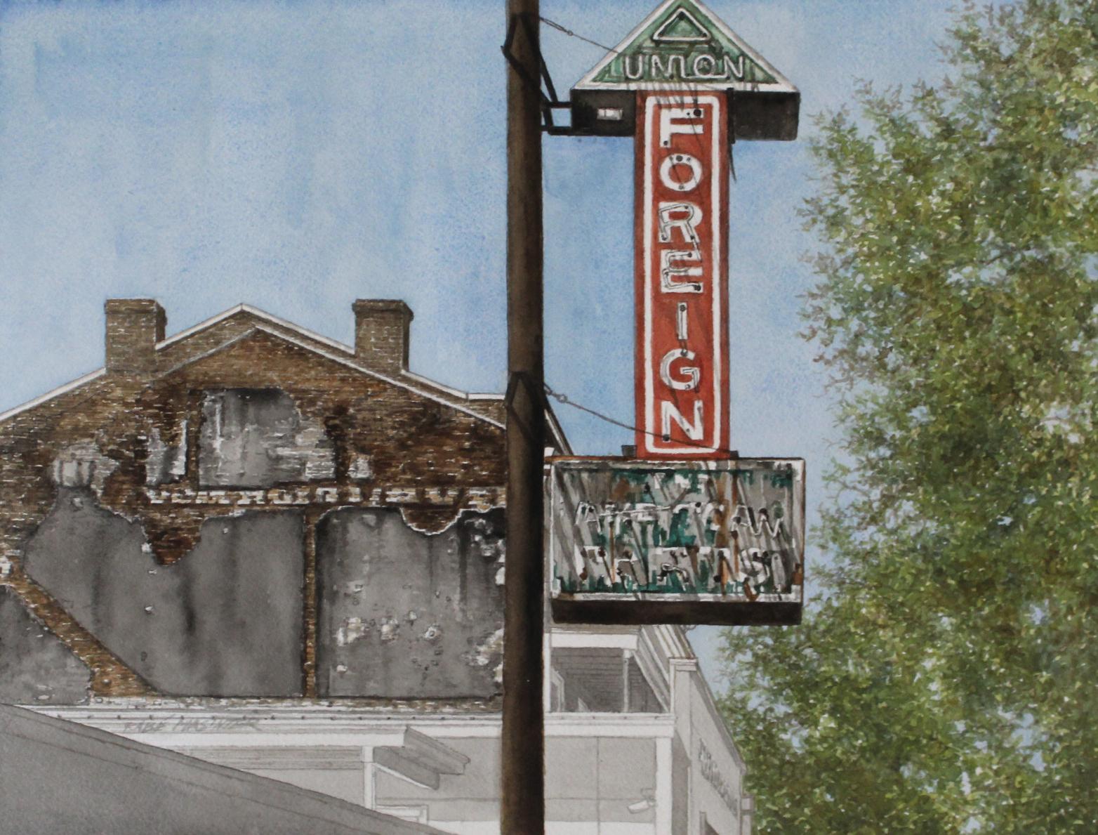 Shirley Rabe' Masinter Figurative Art - "Foreign" original watercolor, signs, city scene, photorealism, hyperrealism