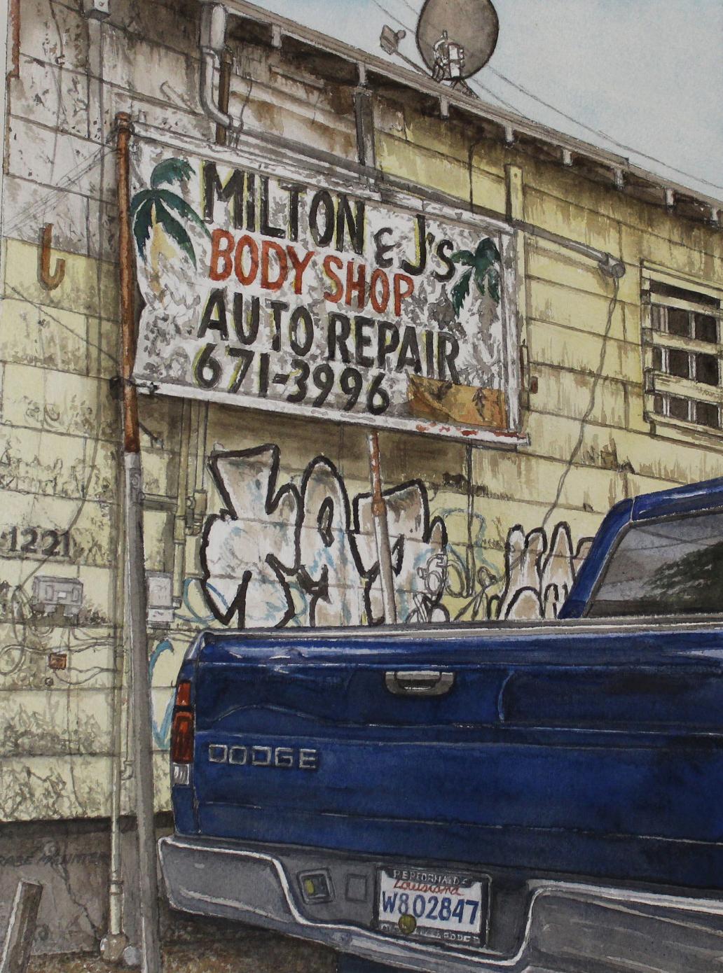 Shirley Rabe' Masinter Figurative Art - "Milton & J's" original watercolor, signs, city scenes, photorealism