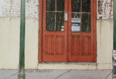 "Red Doors" original watercolor, New Orleans balcony, iron lattice, photorealism