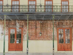 "Red Doors" original watercolor, New Orleans balcony, iron lattice, photorealism