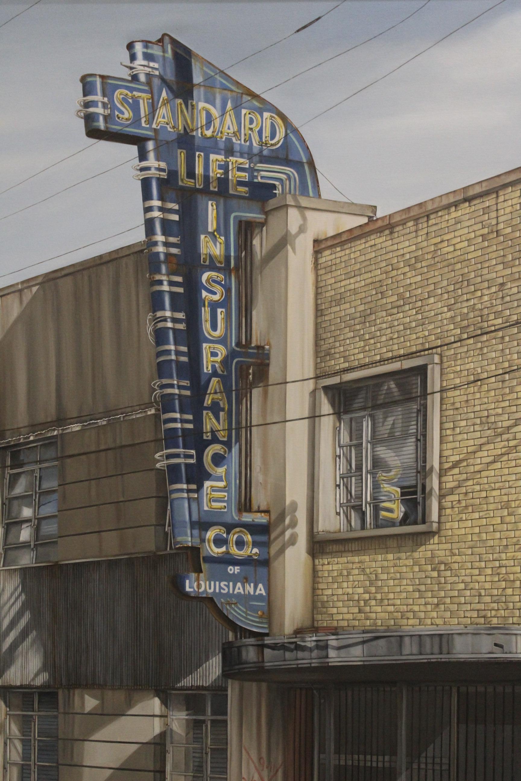 Shirley Rabe' Masinter Landscape Painting - "Standard Life" original oil painting, New Orleans city building, photorealism