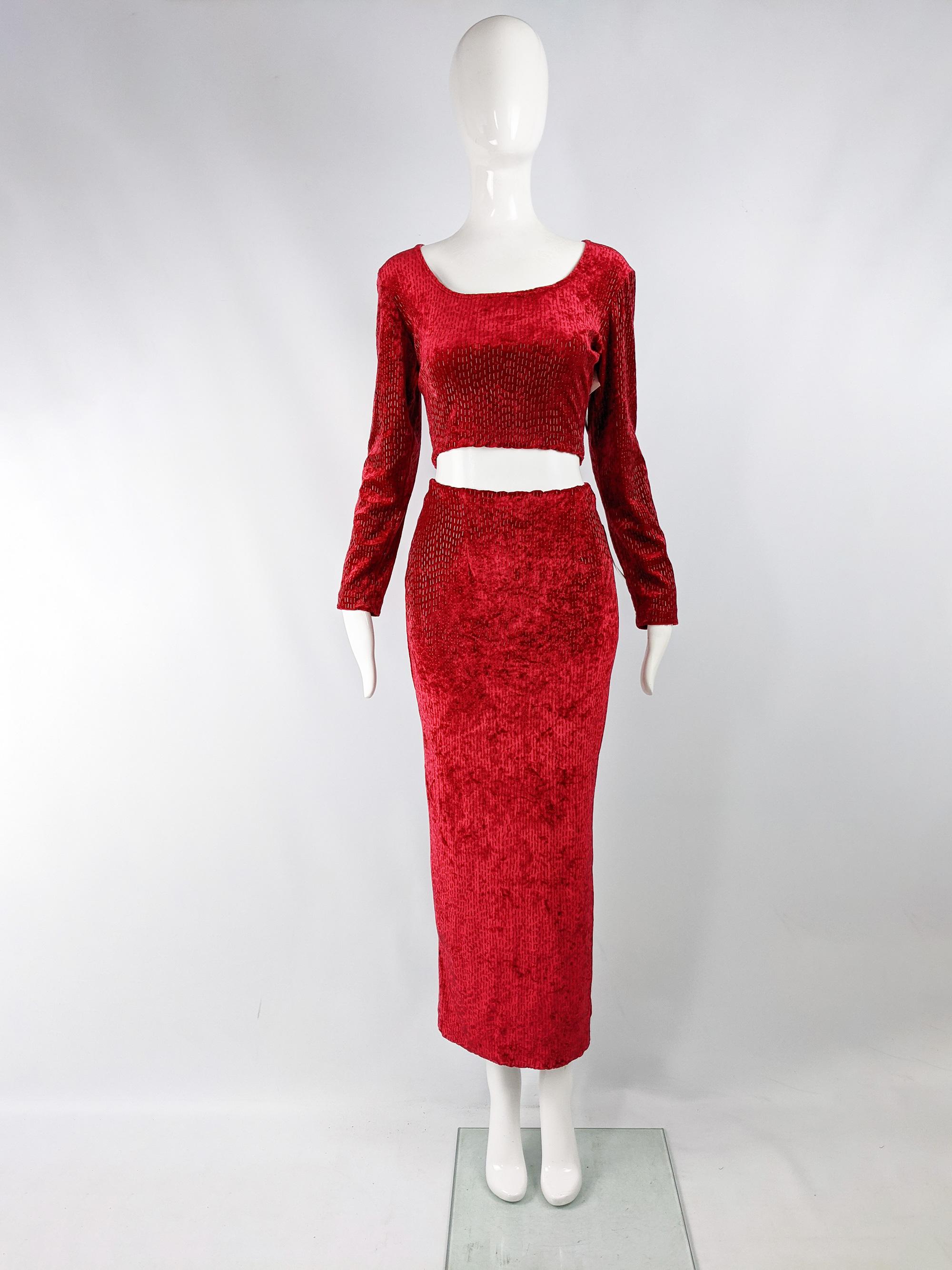 A fabulous vintage womens two piece skirt and long sleeve crop top outfit from the 90s by cult British fashion designer, Shirley Wong. In a red velour / stretch velvet with a futuristic textured effect throughout.

Size: Top Marked M, Skirt Marked S