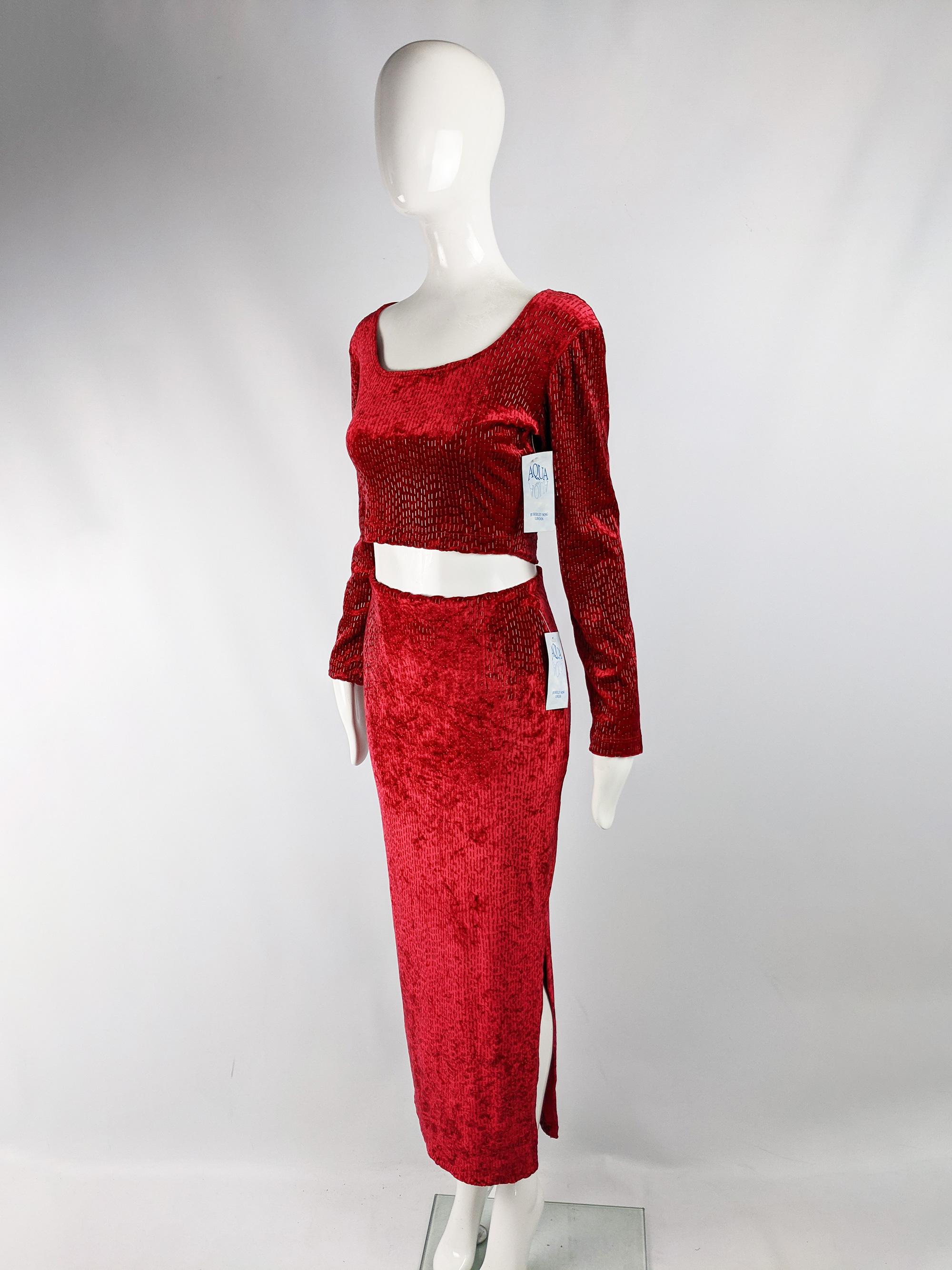 Shirley Wong Vintage Red Textured Velvet Maxi Skirt Suit, 1990s In Excellent Condition In Doncaster, South Yorkshire