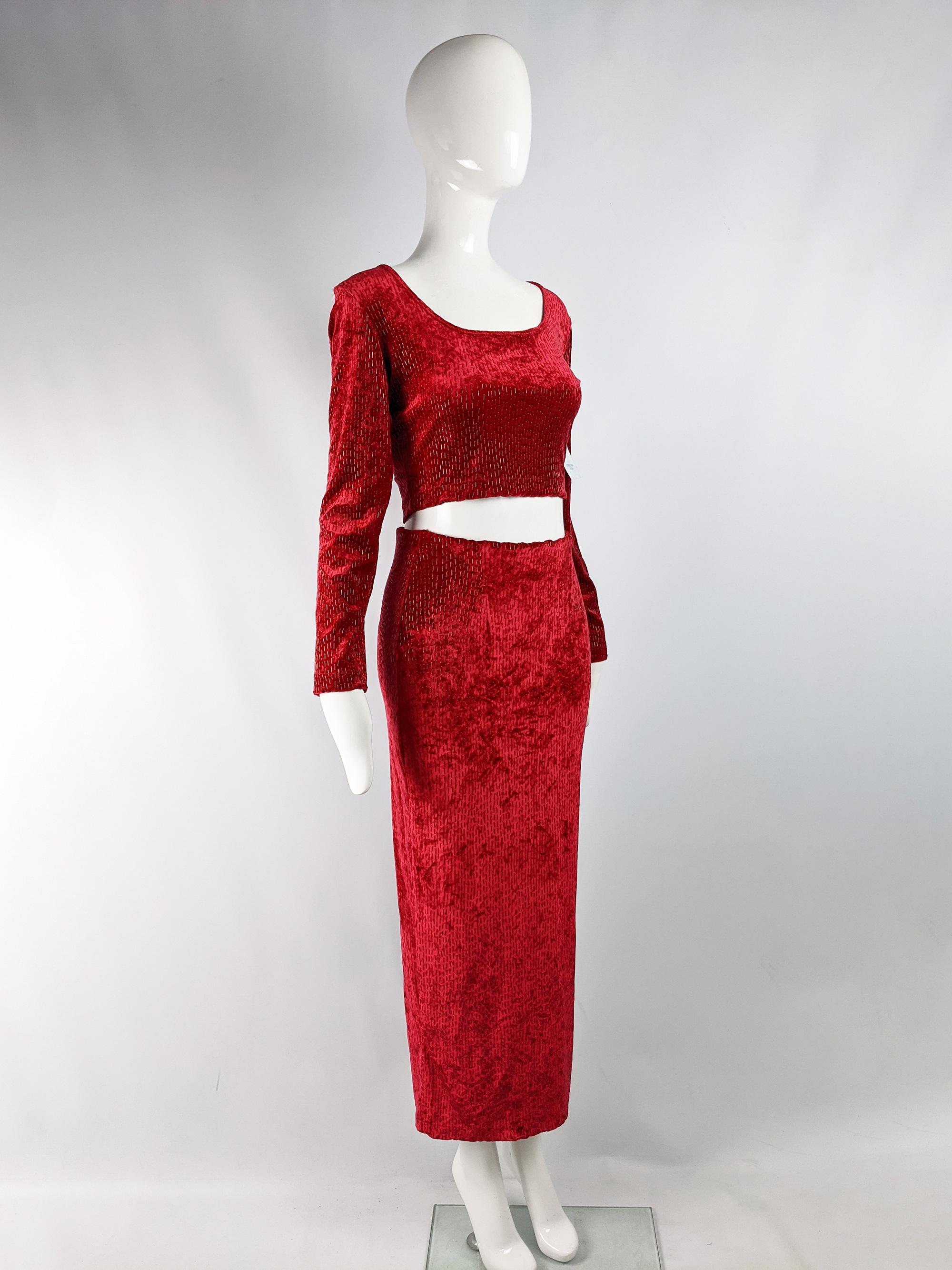 Women's Shirley Wong Vintage Red Textured Velvet Maxi Skirt Suit, 1990s