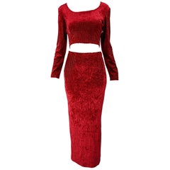 Shirley Wong Retro Red Textured Velvet Maxi Skirt Suit, 1990s