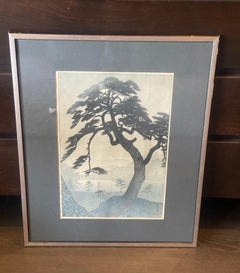 Impresión xilográfica japonesa firmada por Shiro Kasamatsu Lluvia de primavera en el túmulo de Kinokuni