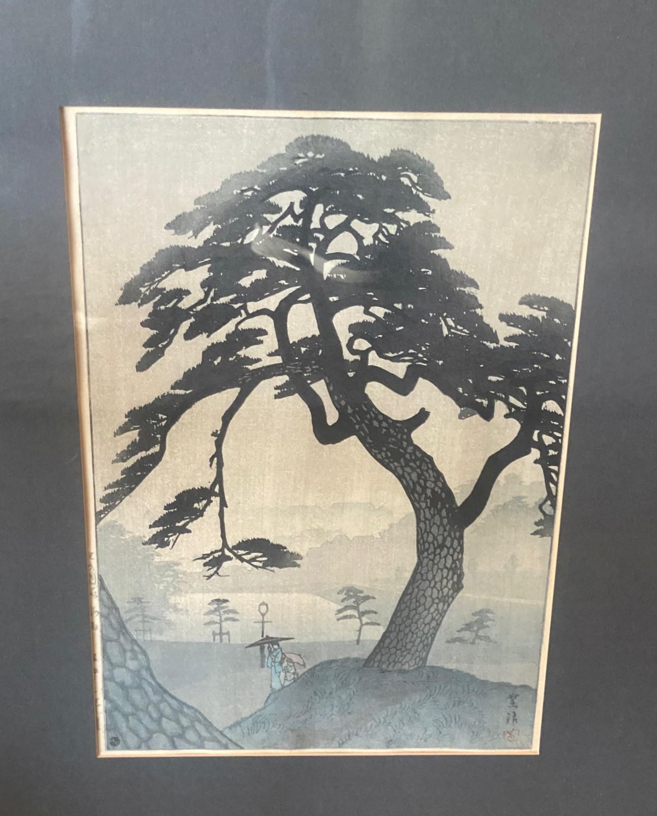 Showa Shiro Kasamatsu Signed Japanese Woodblock Print Spring Rain at Kinokuni Mound For Sale