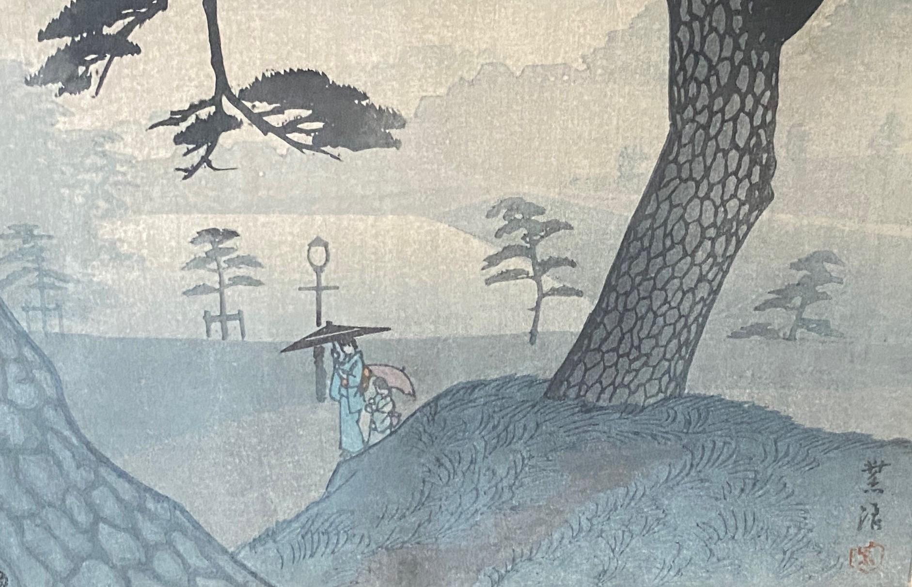 Shiro Kasamatsu Signed Japanese Woodblock Print Spring Rain at Kinokuni Mound For Sale 3