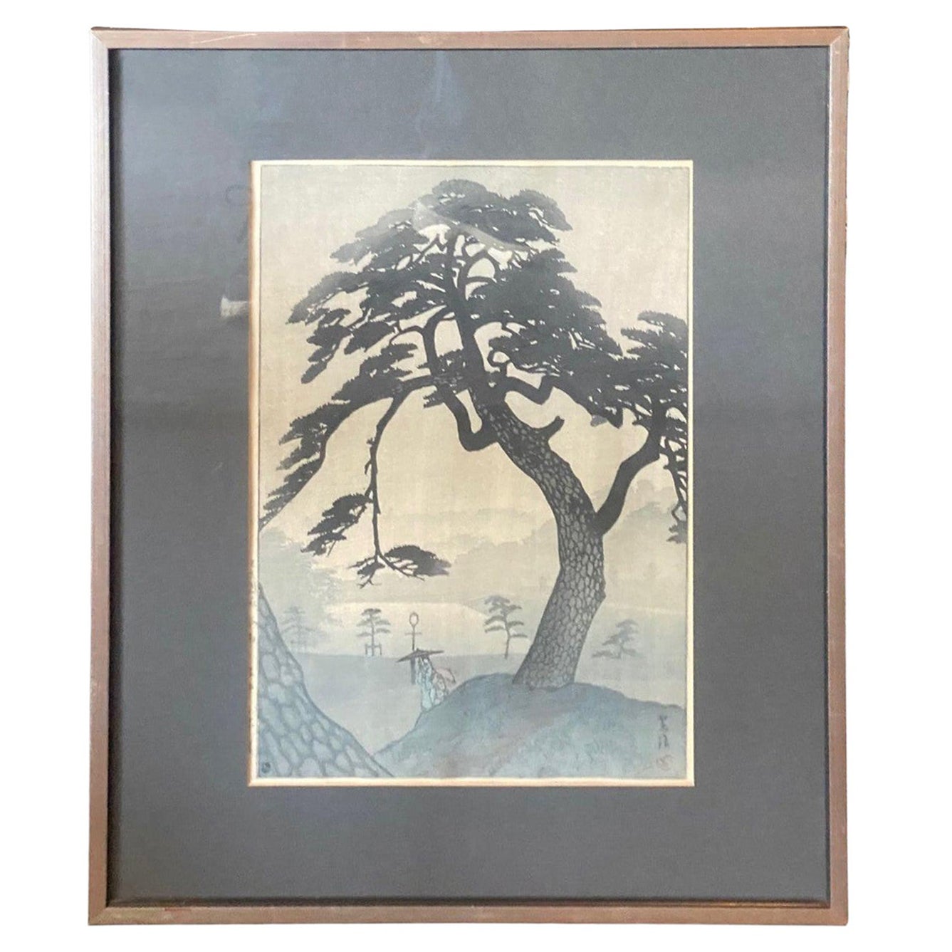 Impresión xilográfica japonesa firmada por Shiro Kasamatsu Lluvia de primavera en el túmulo de Kinokuni