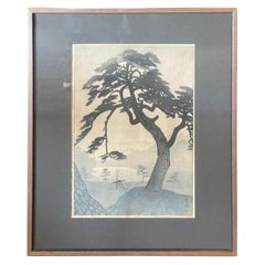 Impresión xilográfica japonesa firmada por Shiro Kasamatsu Lluvia de primavera en el túmulo de Kinokuni