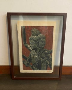 Shiro Kasamatsu Impresión xilográfica japonesa firmada Deidad de tres cabezas Templo de Ashura