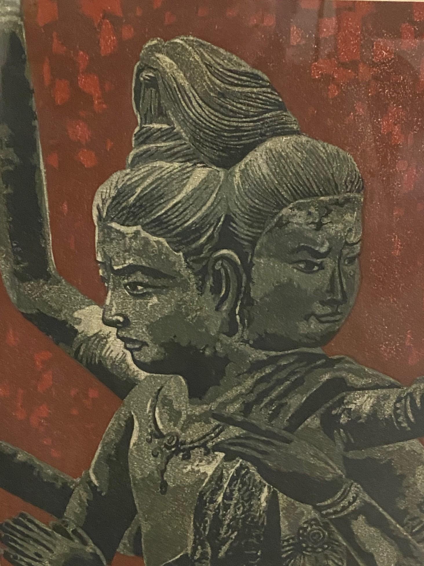 Shiro Kasamatsu Impresión xilográfica japonesa firmada Deidad de tres cabezas Templo de Ashura Japonés en venta