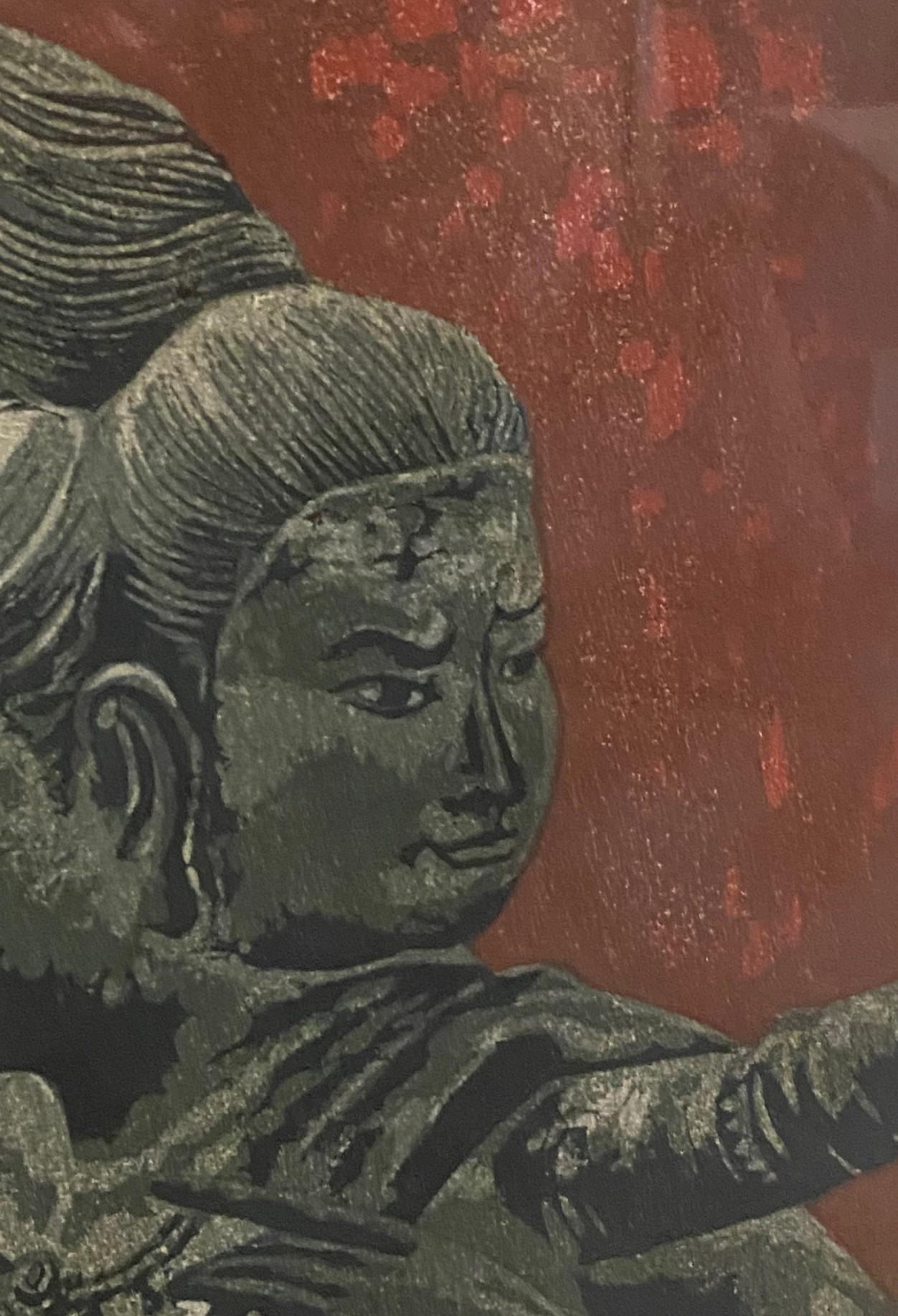 Shiro Kasamatsu Impresión xilográfica japonesa firmada Deidad de tres cabezas Templo de Ashura mediados del siglo XX en venta